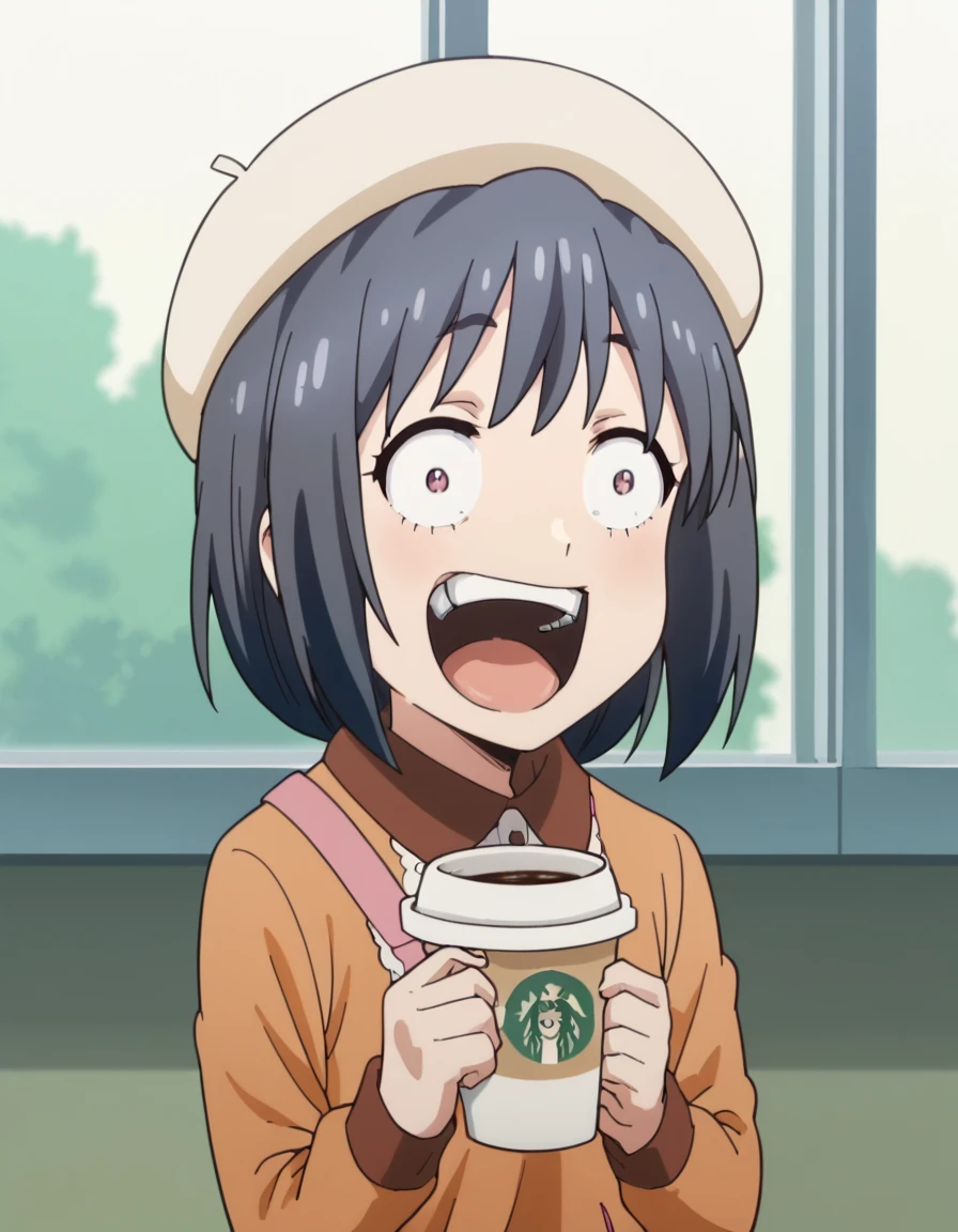 score_9, score_8_up, score_7_up, source_anime, <lora:bijutsu-moeka-s1-ponyxl-lora-nochekaiser:1>, bijutsu moeka, short hair, bangs, black hair, blue hair, purple eyes, anime screencap,, long sleeves, hat, dress, beret,, cafe, coffee cup, barista, sitting down, talking, relaxing, sunlight through window, smile, <lora:enel-face-ponyxl-lora-nochekaiser:1> enel face, open mouth, wide-eyed, teeth, tongue,, looking at viewer, solo,, cowboy shot, solo