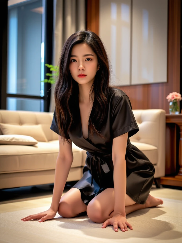 (text "Buzz Me Please" in sky:1.2),There are wonderful studio lights and various reflections,
18yo girl her face is very delicate,skin naturally showing the texture of blood vessels and detailed pale skin,
<lora:flux_realism_lora:0.8>,
<lora:zhuangdf_f1_epoch_11:1>,chinese actress,
source:cartoon,Fleur,1girl on all fours,wearing a black silk short robe,stockings,sleeves,sexy,big boobs,at a luxury hotel,living room,indoors,solo,highly detailed,intricate details,digital art,perfect anatomy,perfect proportions,4k,seductive pose,