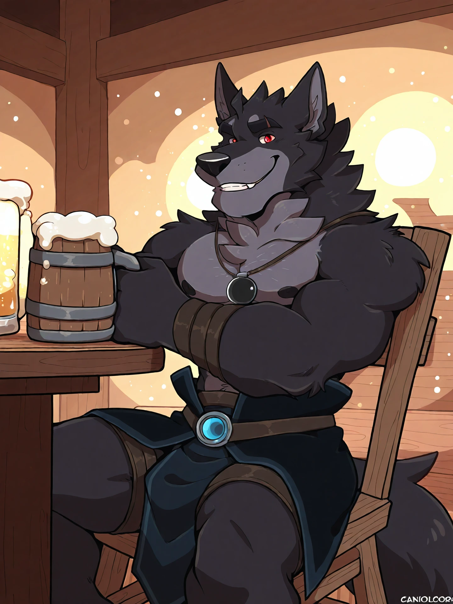 Solo, male, sitting at tavern, bulge, by bigcozyorca, by goonie-san, by bebebebebe, by spikedmauler, front view, big buff , wolf, ebony black fur, black fur, bushy tail, buff, wearing brown fantasy leather armor, tall, masculine, bulge, sexy, sexy expression