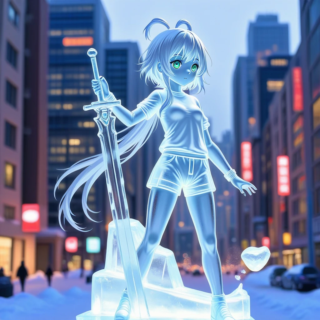 ice sculpture,1girl,masterpiece,best quality,beautiful,city,center park,ice shirt,ice shorts,ice figure,holding a long sword,luo tianyi,ice skin,