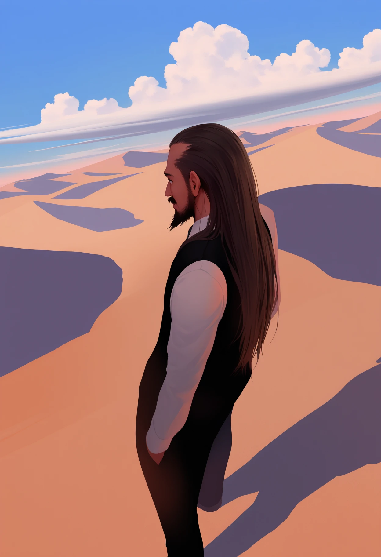 best quality, amazing quality, very aesthetic, absurdres,
BREAK
1boy, standing, suit, pants, beard, semi long hair, facial hair, mustache, solo, vest, view from above, western background, ranch, desert, blue sky, cloud, <lora:KimHyungtaeNoobLocon_byKonan:1>