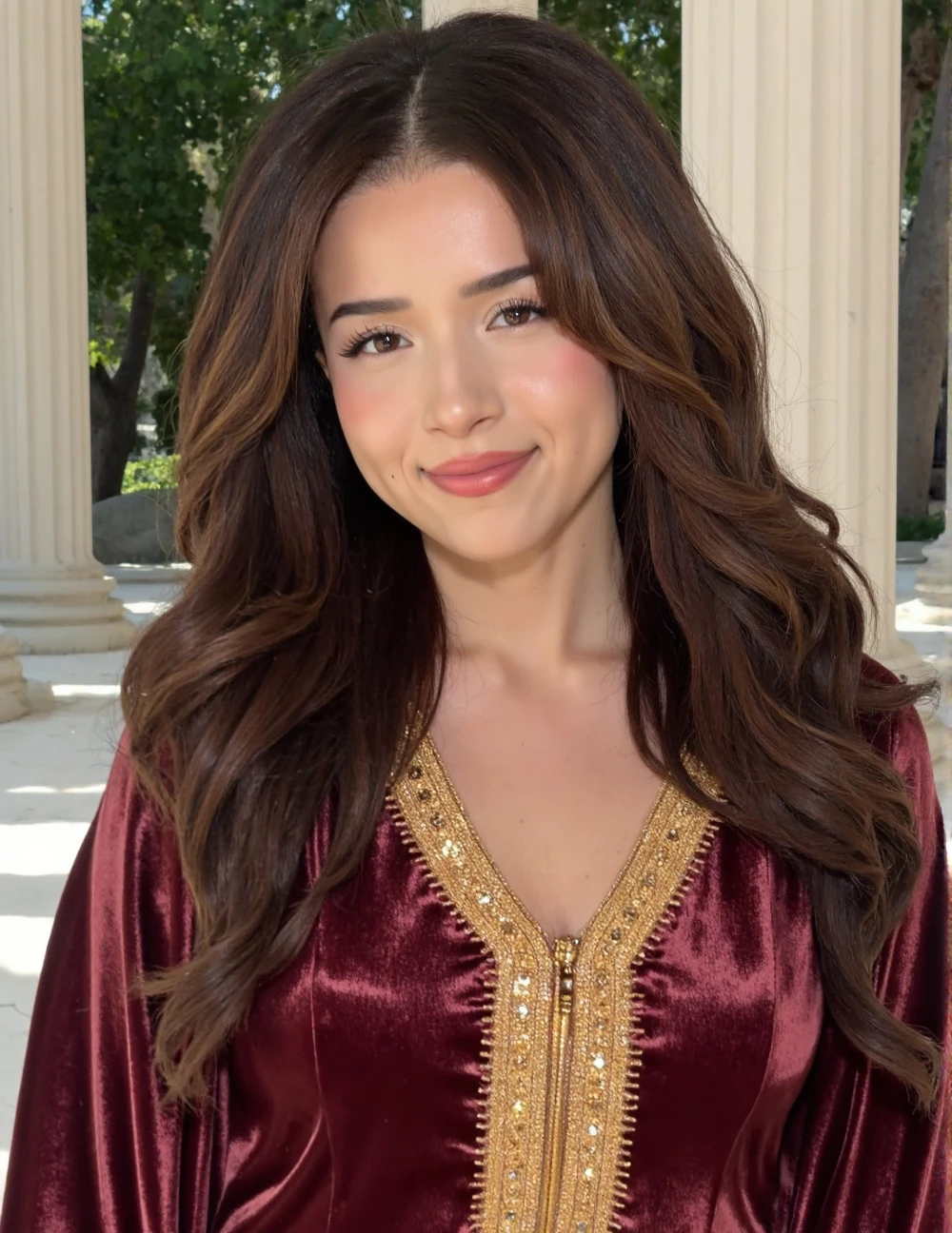 close-up headshot portrait shot on Fujifilm XT-50 of poki woman inside an arabian palace wearing a maroon abaya Eid dress with golden accents <lora:SkinDetails_flux_lora_v8:.55> <lora:flux_realism_lora:.75> <lora:Hand v2:1> Moroccan woman, the woman has plump lips and she is smiling, dark eyeliner, adult woman in her mid 20's, facing the viewer straight on and making eye contact with the viewer, the woman has brunette layered hair <lora:poki:1>