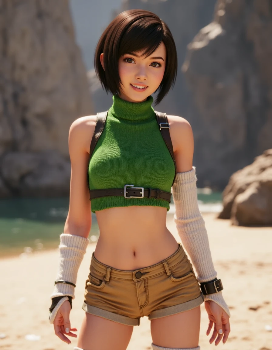 a beautiful female <lora:yuffie:1>, wearing a sleeveless green top with a turtleneck collar, tanned shorts, white knee high socks, hair in a short bob, playful pose, smiling, unreal 5, close up, background inspired by the worlds of the final fantasy videogames