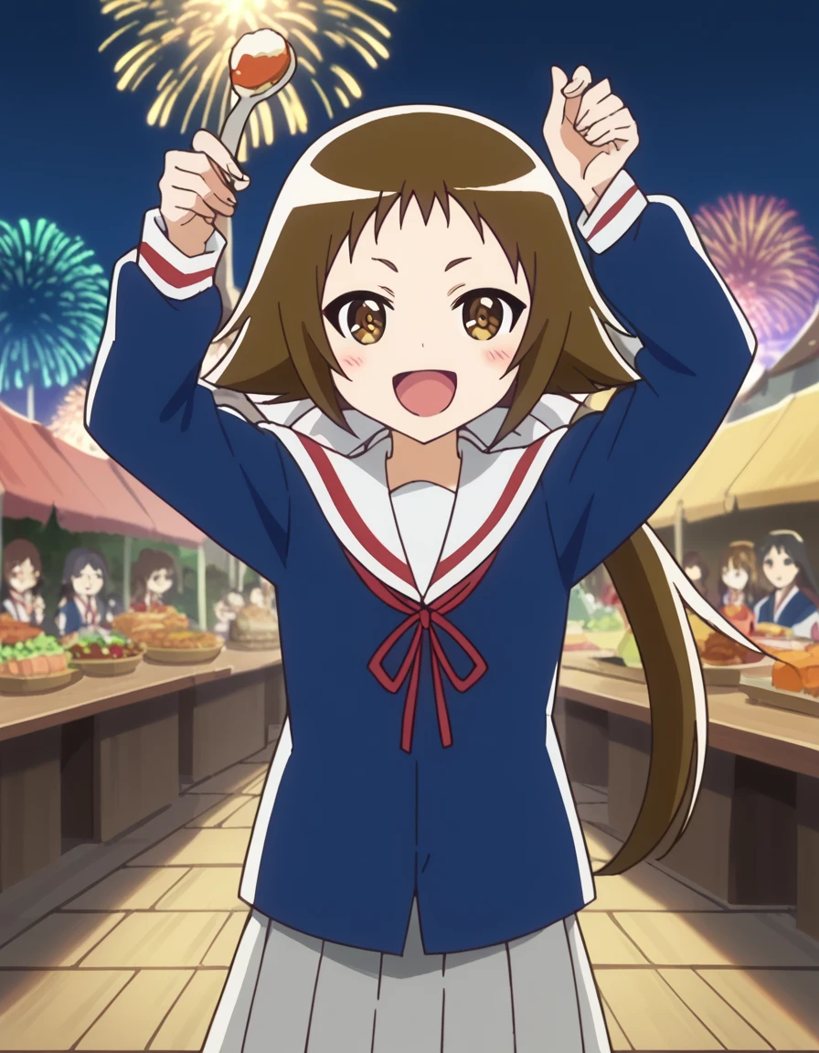 score_9, score_8_up, score_7_up, source_anime, <lora:mashiro-mitsumine-s1-ponyxl-lora-nochekaiser:1>, mashiro mitsumine, long hair, brown hair, bow, brown eyes, ponytail, hair bow, anime screencap,, skirt, school uniform, serafuku, blue shirt, white sailor collar, ribbon, grey skirt, pleated skirt,, festival, fireworks, summer night, food stall, traditional, arms up, , <lora:incoming-spoon-ponyxl-lora-nochekaiser:1> incoming food, spoon, holding, holding spoon, food, looking at viewer, open mouth, blush, smile, restaurant, plate, hand up,, looking at viewer, solo,, cowboy shot, solo