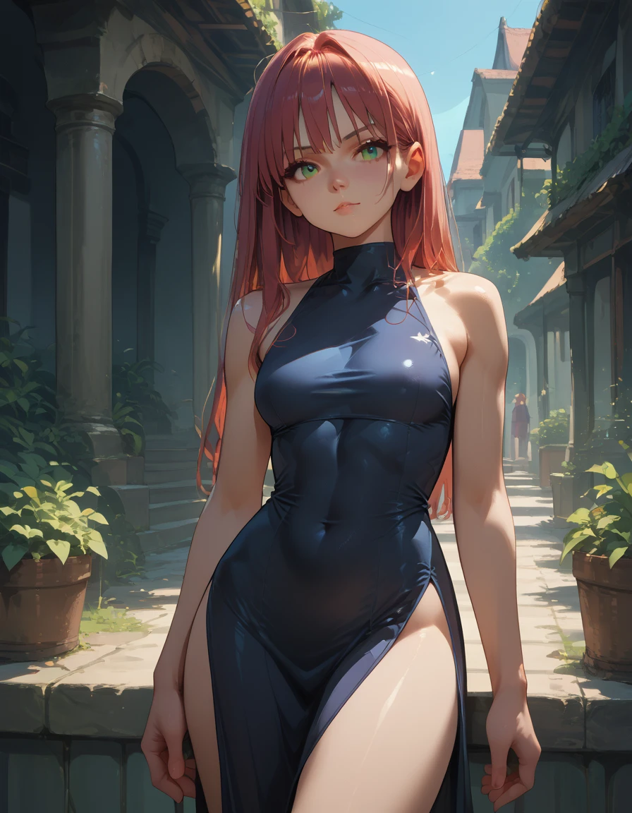1girl, standing, very tall, thin, (masterpiece, best quality:1.5), (photorealistic:1.3), absurdres, ultra-detailed, HDR, very long hair, loose straight hair, big breasts (top round tits), smiling, swept bangs, green gradient eye, pink qipao, side slit, red hair, sleeveless, sideboob, black short shorts, long legs, sneakers,
