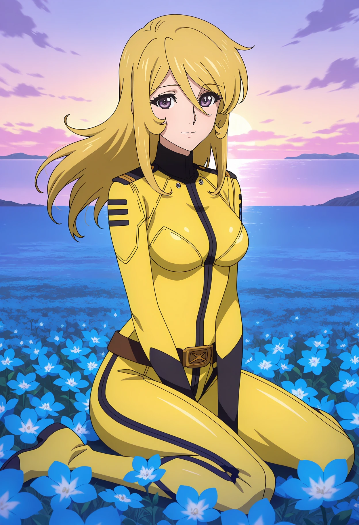anime screencap, masterpiece, best quality,
<lora:SpaceBattleshipYamato2199_MoriYuki_IlluXL:0.9>,
1girl, solo, closed mouth, light smile, floating hair,
long hair, blonde hair, hair between eyes, purple eyes,
YukiBodysuit, military uniform, yellow bodysuit, brown belt,
wariza, looking at viewer, full body,
outdoors, flower field, blue flower, horizon, ocean