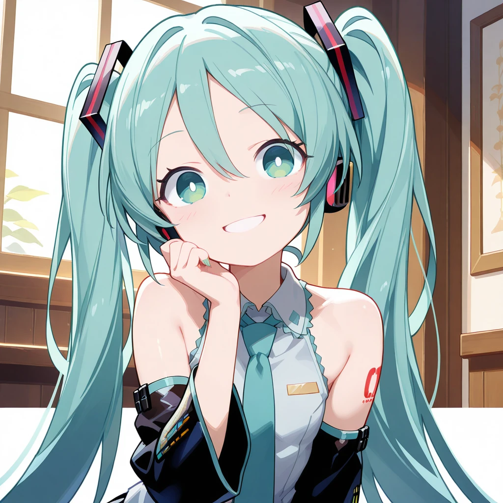 (masterpiece),best quality,amazing quality,very aesthetic,absurdres,newest,perfect body,shiny skin,perfect eyes,detail1eye,well-defined fingers,well-defined fingernails,anime style,indoors,1girl,solo,upper body,(portrait:1.5),looking at viewer,facing viewer,smile,blush,aged down,Quan style,hatsune miku,absurdly long hair,aqua hair,twintails,hair ornament,sidelocks,hair between eyes,parted bangs,aqua eyes,bright pupils,white shirt,collared shirt,bare shoulders,sleeveless shirt,aqua necktie,detached sleeves,black sleeves,shoulder tattoo,fringe,black thighhighs,miniskirt,pleated skirt,zettai ryouiki,thigh boots,<lora:Quan[style]-Illus:1.6>,<lora:Hatsune Miku(voc)-Illus-Remake:1.8>,