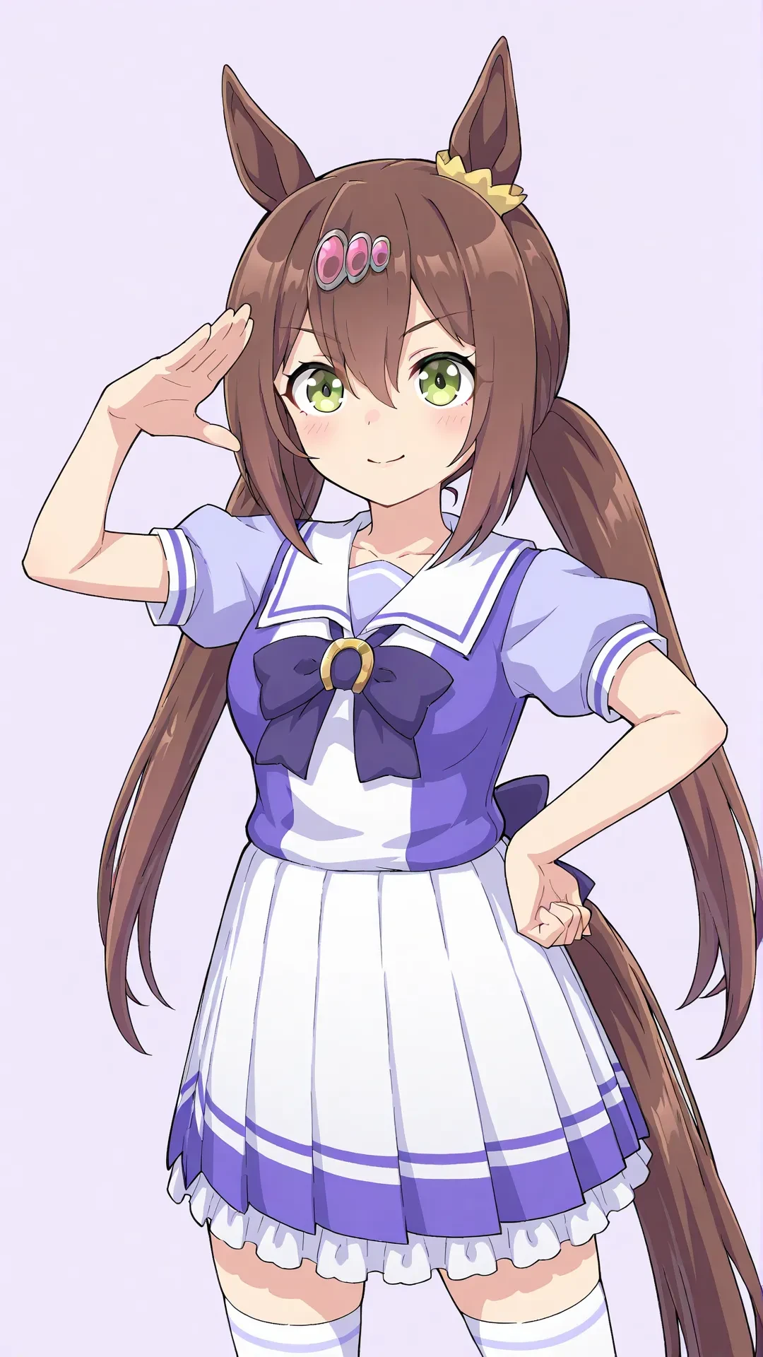 <lora:shima_umamusume:0.8>,shima \(umamusume\),medium breasts,twintails,green eyes,long hair,sailor shirt,very long hair,brown hair,animal ears,bow,hair between eyes,horseshoe ornament,horse ears,horse tail,hair ornament,horse girl,tracen school uniform,summer uniform,serafuku,puffy short sleeves,purple bowtie,horseshoe ornament,sailor collar,sailor shirt,purple shirt,white skirt,pleated skirt,frilled skirt,miniskirt,zettai ryouiki,white thighhighs,brown footwear,loafers,simple background,pose,(cowboy shot:1.4),light smile,