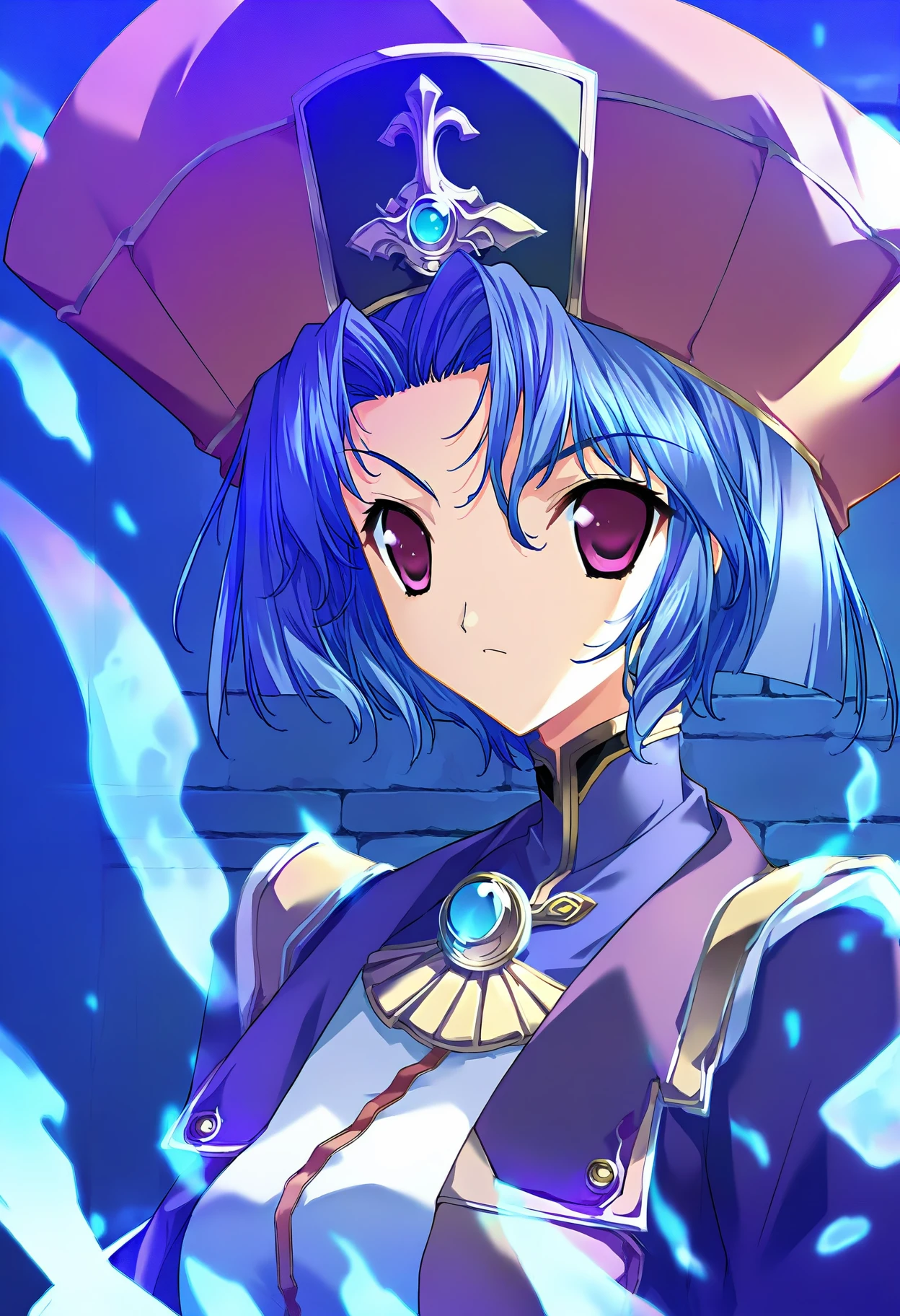 score_9, score_8_up, score_7_up, source_anime, high res image, masterpiece, best quality, 1girl, solo, hat, purple eyes, blue hair, <lora:kikuchi-seiji-style-pony_v1.0:1>