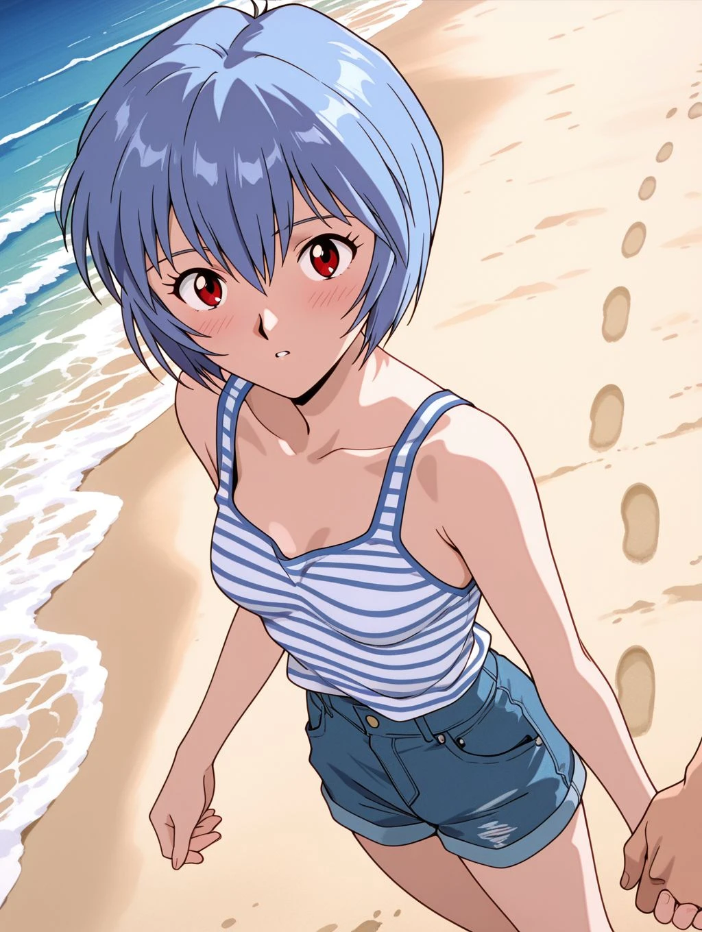 masterpiece, best quality, newest, absurdres, highres, detailed eyes, beautiful, detailed background, perfect eyes, anime coloring, anime screencap, 1990s \(style\), 1girl, solo, ayanami rei, blue hair, short hair, hair between eyes, red eyes, small breasts, school uniform, striped tank top, denim shorts, sandals, looking at viewer, wide-eyed, blush, holding hand, dutch angle, cowboy shot, (outdoors, beach, sand, footprints, loose waves), <lora:rei_c_eva_illus-08:0.8>