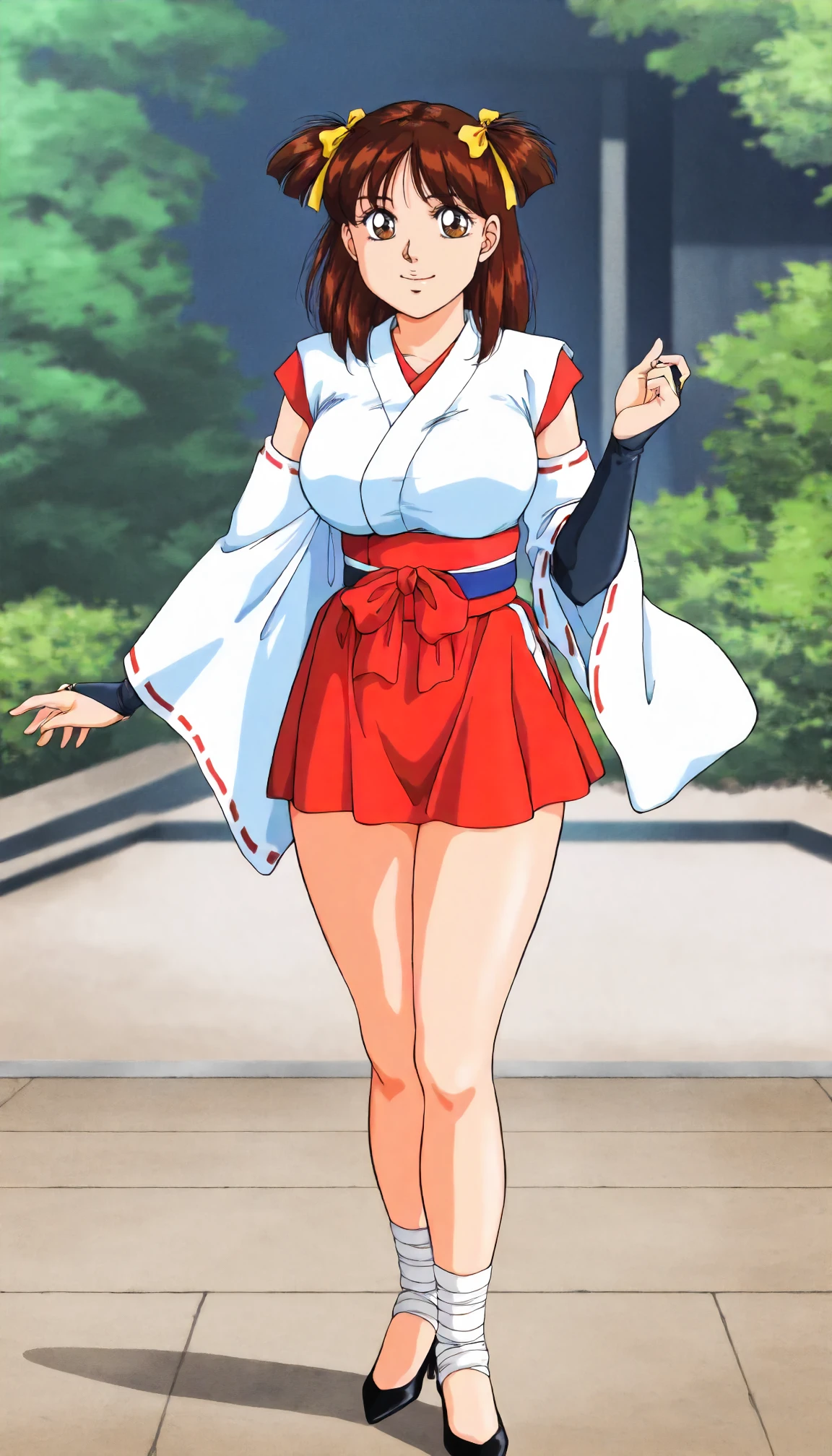 <lora:TySc_asaka_satsukiXLIllustrious001>,
masterpiece,best quality,good quality,newest,
outdoors,
smile,
looking at viewer,
solo,
anime coloring,retro artstyle,1980s (style),
asaka_satsuki\(tsukiatte_yo!_satsuki-chan\),1girl,brown hair,medium hair,two -side up,hair ribbon,brown eyes,
large breasts,
miko,ribbon trim,wide_sleeves,
elbow gloves,bridal gauntlet,
obi,sash,miniskirt,
foot bandage,pumps,
standing,