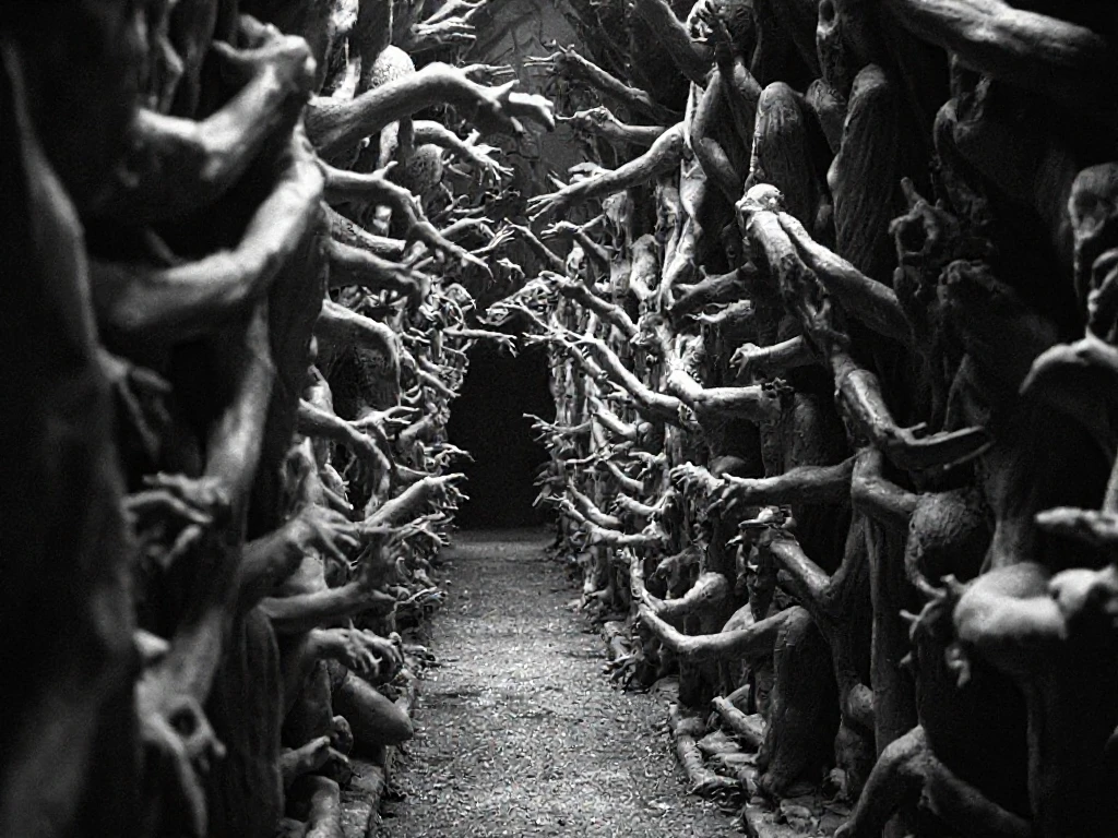 A nightmarish passageway woven from twisting, grasping human limbs—a corridor of outstretched fingers, contorted faces, and twisted torsos, frozen in silent torment. The figures appear half-formed, struggling to break free from the walls, their empty eye sockets watching, their hands reaching. The further in one walks, the warmer the walls feel—as if they are breathing, as if they are alive.
In the style of a 1930s black and white horror film.
- G3RTHS3M4N3 -