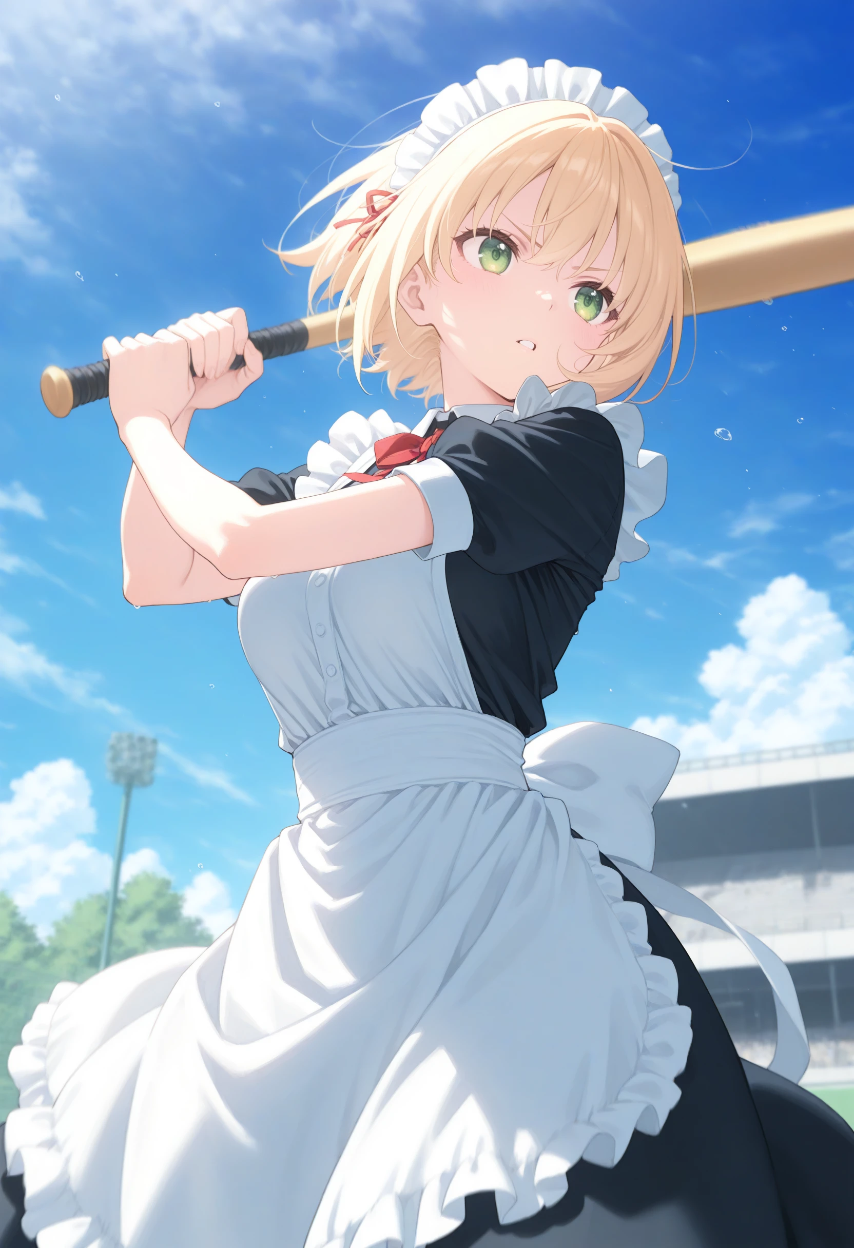 1girl,(sho \(sho lwlw\):0.7),(toosaka asagi:0.5),(sincos:0.3),solo,
masterpiece, best quality, newest, absurdres, CG, anime, source anime, illustration,
maid, maid headdress,medium breasts,
batting stance, baseball bat, baseball, holding baseball bat, ball, motion lines, motion blur, <lora:battingstance_Illust_v2:0.8>, determined,
from below, wide shot, looking away, blonde hair, green eyes,parted lips, french hair,,