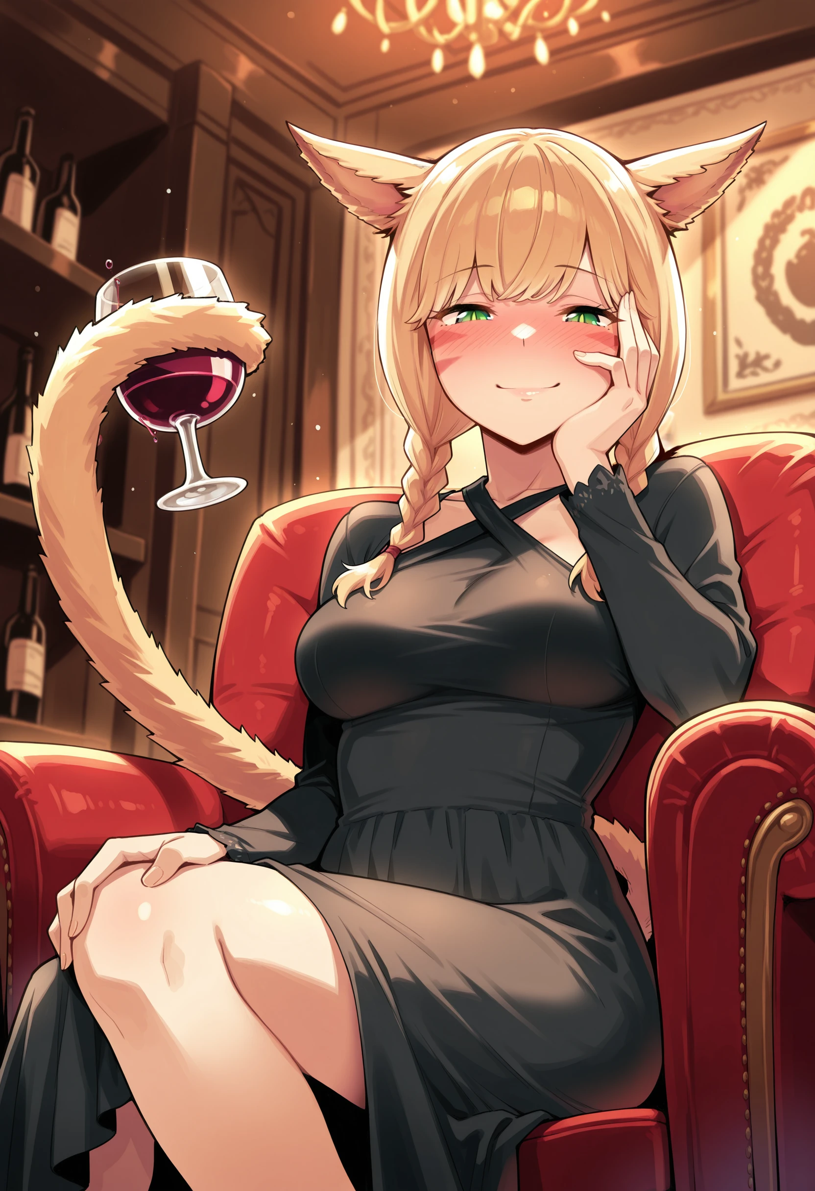 masterpiece,best quality,amazing quality, 1girl,miqo'te, blonde hair, short hair, whisker markings, green eyes, twin braids, medium breasts, prehensile tail, holding with tail, tail gripping wine glass,criss-cross halter, smile, blush, lips, sitting, armchair, from below, hand to own face, indoors, party, dress, black dress, drunk, blush, smile, long sleeves, long dress, hand on own knee
<lora:miqote (Illustrious) v1:1> <lora:Holding with tail (Illustrious) v1:1>