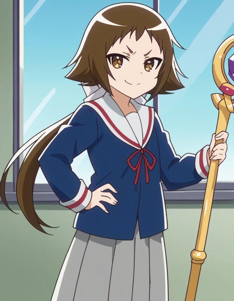 score_9, score_8_up, score_7_up, source_anime, <lora:mashiro-mitsumine-s1-ponyxl-lora-nochekaiser:1>, mashiro mitsumine, long hair, brown hair, bow, brown eyes, ponytail, hair bow, anime screencap,, skirt, school uniform, serafuku, blue shirt, white sailor collar, ribbon, grey skirt, pleated skirt,, control tower, high, air traffic, windows, staff, smile, smug, hand on own hip,, looking at viewer, solo,, cowboy shot, solo