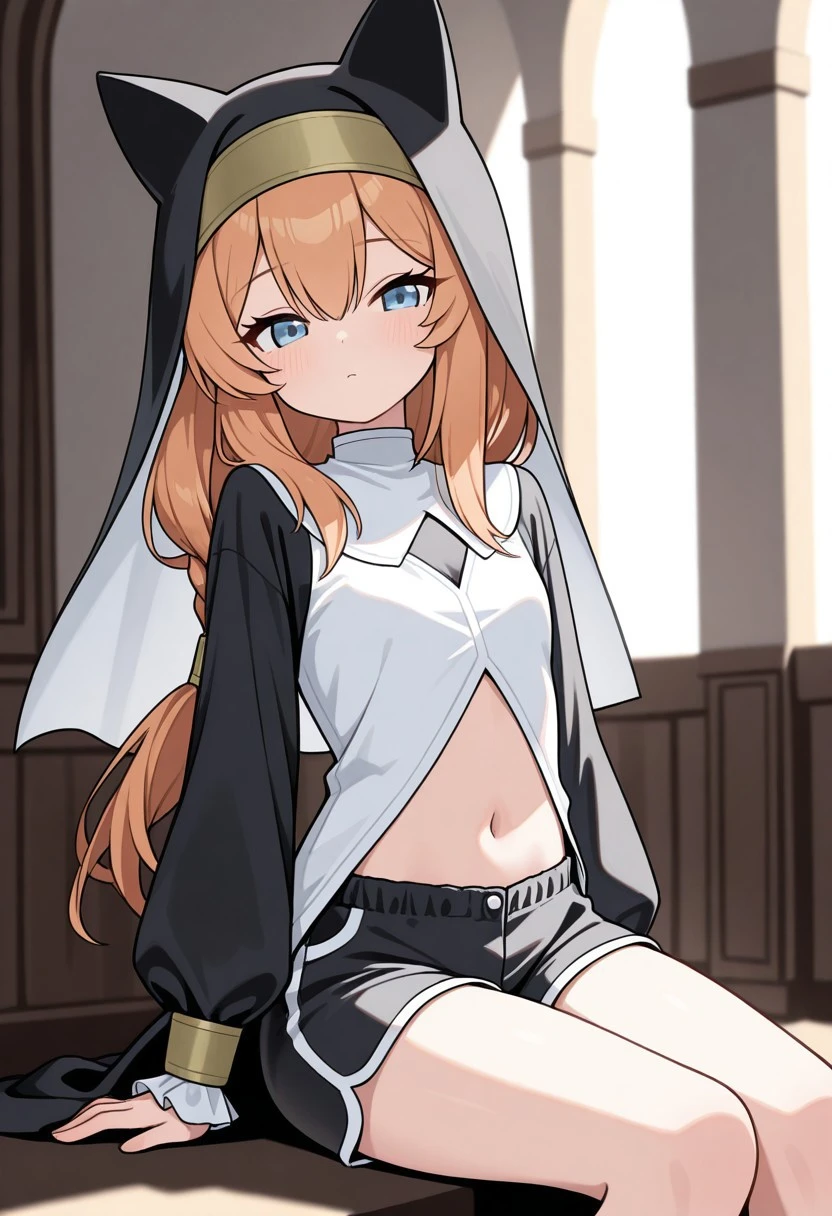 masterpiece, best quality, 32k, high resolution, absurdres, iochi mari, nun, animal ear headwear, dress, shirt, sitting, black headwear, ponytail, white shirt, shorts, navel