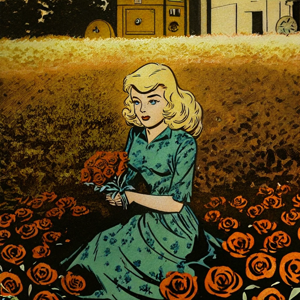 1girl, solo, 1950s woman, curly blonde hair, waist-length hair, blue eyes, floral dress, holding a bouquet, whimsical, BREAK, close-up, sitting in a garden, surrounded by roses, soft lighting, warm tones, intricate floral details, BREAK, outdoors, 1950s garden, blooming roses, white picket fence, blurred trees in background, golden hour lighting, BREAK, (safe_pos, fine texture, masterpiece, ultra-detailed, very aesthetic, absurdres, volumetric lighting, scenery), rating_safe, source_cartoon, source_comics, official style, original art style, vintage comic, sepia tones, ink crosshatching,