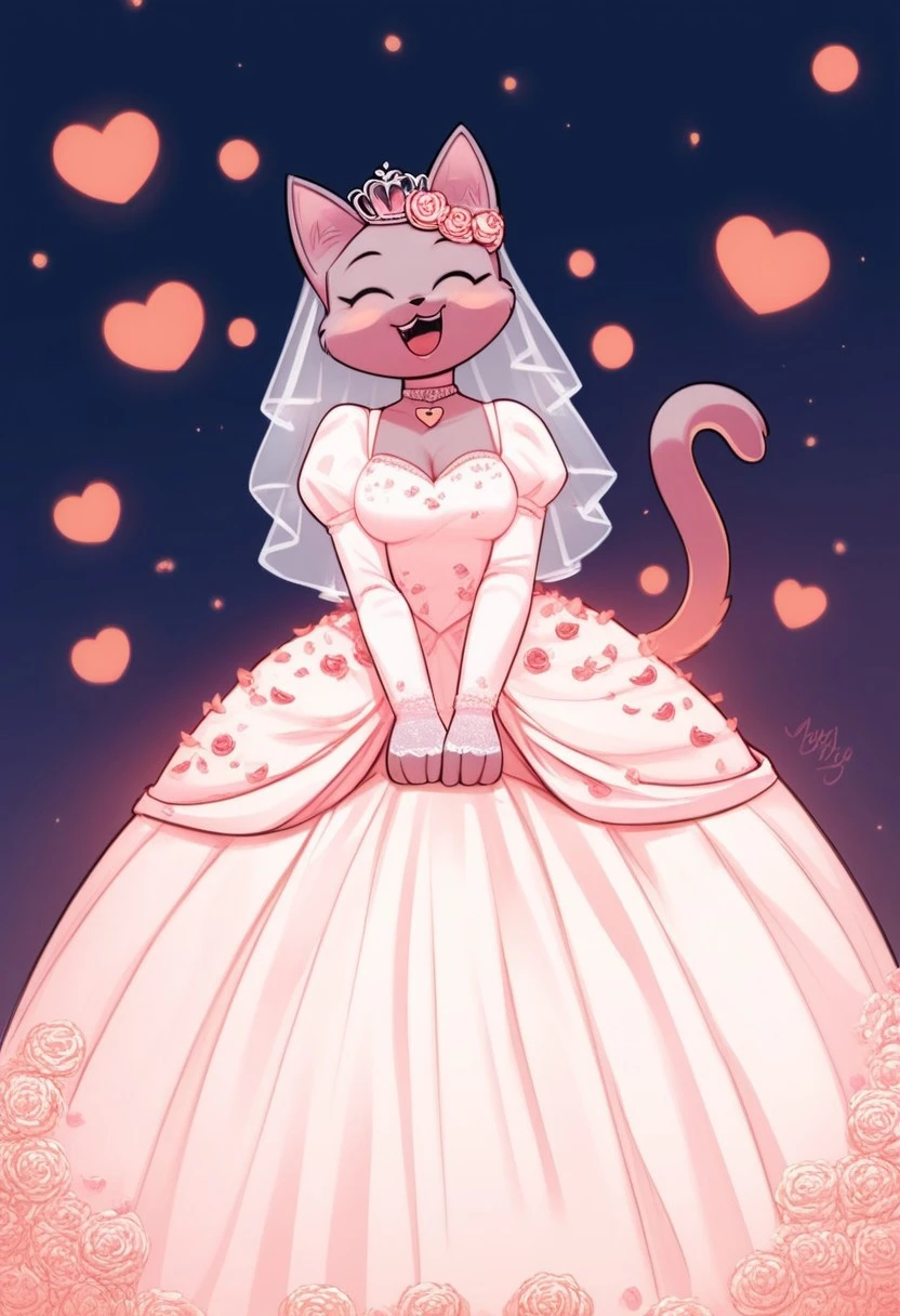 score_9, score_8_up, score_7_up, score_6_up, score_5_up, score_4_up, solo, fox ears, 1girl, one tail, nyan cat, pop-tart, russian blue, black eyes, cat tail, cat, anthro, wedding dress, lace trim, choker, necklace, long dress, lace gloves, juliet sleeves, long sleeves, opened mouth, closed eyes, happy, smile, hearts, FurryDalle, cartoon, toony, masterpiece, insane quality, highly detailed, crown on head