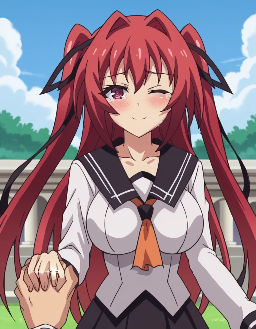 score_9, score_8_up, score_7_up, source_anime, <lora:mio-naruse-s2-ponyxl-lora-nochekaiser:1>, mio naruse, long hair, large breasts, ribbon, twintails, red eyes, hair ribbon, red hair, hair intakes, anime screencap,, skirt, thighhighs, school uniform, serafuku, black thighhighs, zettai ryouiki, white shirt, long sleeves, black sailor collar, orange neckerchief, black skirt, pleated skirt,, plain, grass, open, vast, sky, , <lora:wedding-ring-ponyxl-lora-nochekaiser:1>, wedding ring, marriage proposal, pov, pov hands, hand grab, blush, wedding dress, white dress, veil, one eye closed, tears, church, smile, bare shoulders, collarbone, cleavage, dutch angle, looking at viewer, cowboy shot,, looking at viewer, solo,, cowboy shot, solo