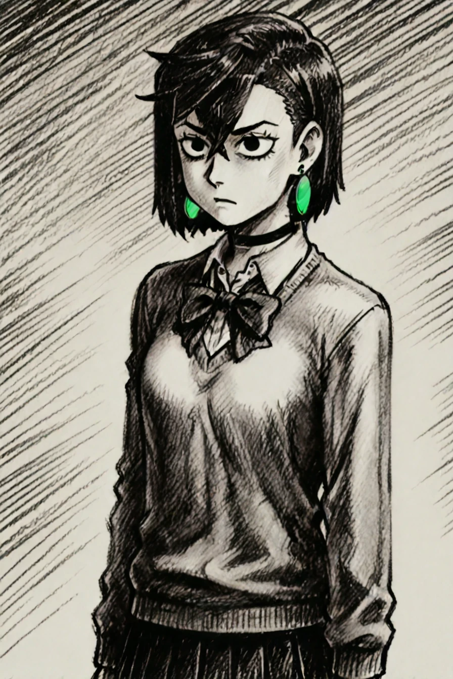 <lora:ayase_momo-koto-Illustrious v01:0.8> ayasemomo, hair between eyes, crossed bangs, green earrings, black choker, short hair, white shirt, bowtie,pleated skirt,school uniform, cardigan, long sleeves, 1girl, solo, alone, <lora:mob_psycho_funny_face_illustriousXL:0.8>, mob_psycho_funny_face, female focus, monochrome, greyscale, impact lines, meme, parody,