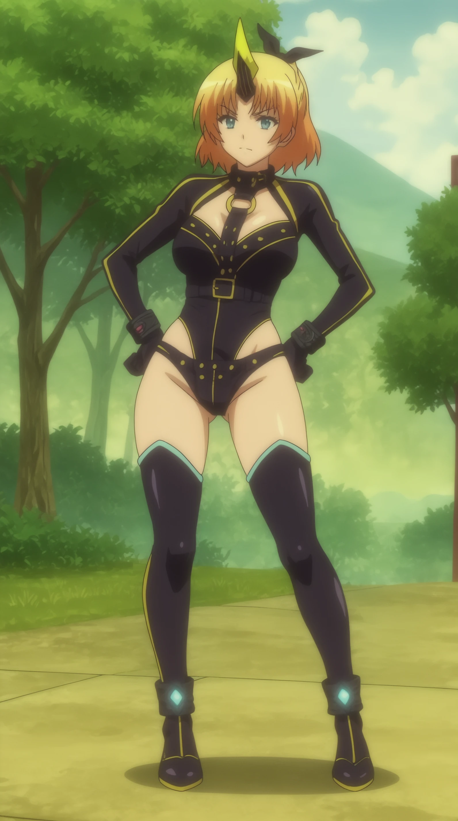 1girl, medium breasts, leotard, black and gold leotard, tight belt, bare legs, boots, matching boots, bracelets, city backdrop, solo, single, standing, full body shot, cowboy shot, beautiful detailed eyes, haruhi, looking_at_viewer, smile, short_hair, open_mouth, bangs, brown_hair, ribbon, cleavage, brown_eyes, hair_ribbon, :d, hairband, medium_hair, v-shaped_eyebrows, orange_hairband