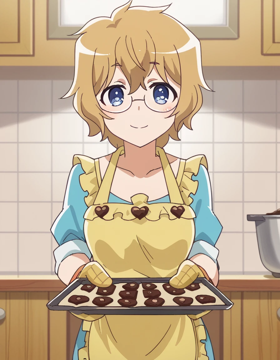 score_9, score_8_up, score_7_up, source_anime, <lora:mayura-momouchi-s1-ponyxl-lora-nochekaiser:1>, mayura momouchi, short hair, blue eyes, blonde hair, brown hair, glasses, medium breasts, anime screencap,, <lora:baking-cookies-ponyxl-lora-nochekaiser:1>, baking cookies, looking at viewer, blush, smile, gloves, holding, frills, food, indoors, apron, chocolate, cookie, oven mitts,, , cowboy shot, solo