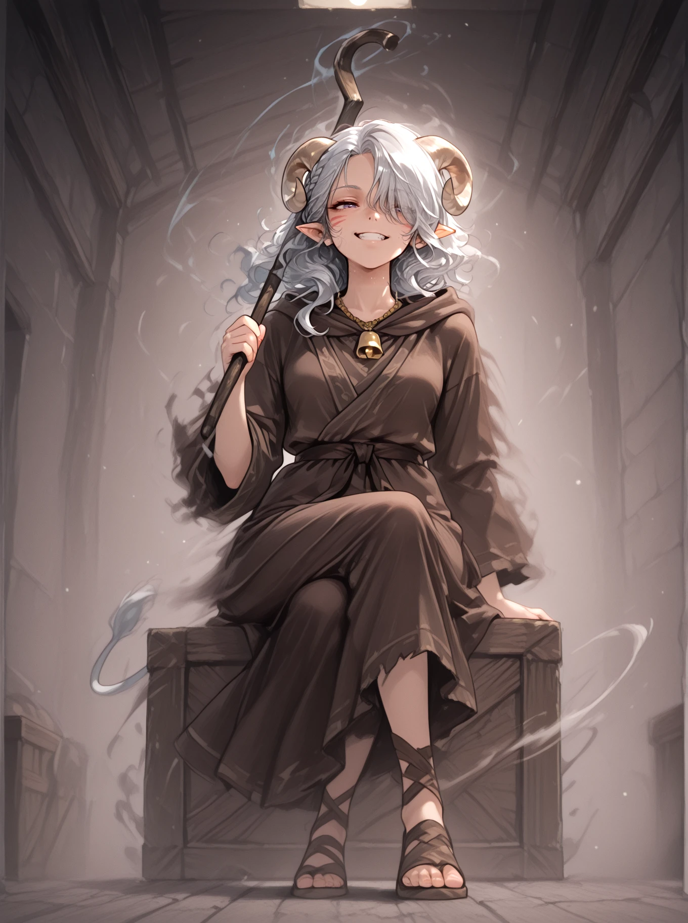 best quality, masterpice, solo,
full body,
tiefling, tail, anime, pointy ears, tiefling, silver hair, ivory sheep horn,
<lora:whisker_markings:0.8>red whisker_markings:1.7, silver long wavy hair, bell necklace, short pointy ears, tiefling_bard_diana, hair over one eye, braid, brown robe, <lora:Tiefling_bard_Diana_ILXL:0.9> cloak,
((misty_step, motion trail, disintegration aura, dissolving fog, blue fog)), dissolving:1.5,blue ash trail,disintegration:1.5, motion blur:1.5,
white cow tail:1.4, running,
<lora:Misty_Step_v2:0.8> sitting, from below:1.4, indoors, purple eyes, open eyes, detailed eyes,
sandals, dynamic pose, purple eyes:1.2, crossed legs:1.4, smile, crate, holding shepherd's crook, looking down, <lora:EatsleepAi_chan_style:1>, masterpiece, best quality