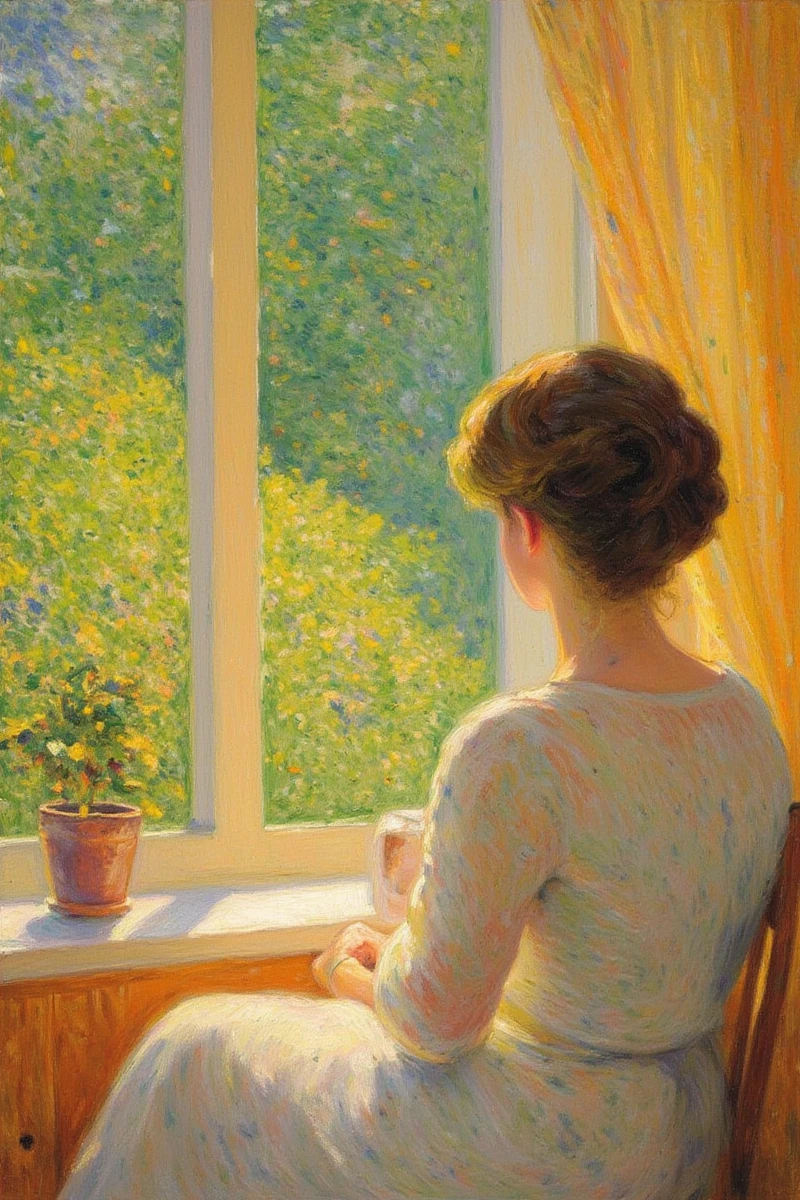 Impressionist_Style,A serene oil painting depicts a woman in a white dress sitting by a sunlit window,gazing at lush greenery outside. The soft,impressionistic style uses warm,golden hues. The woman's dark hair is styled in an updo. A small potted plant sits on the windowsill,
impressionistic style,Loose Brushwork,Impasto,Capturing Light and Atmosphere,Optical Mixing,impressionistic painting,Oil Painting,The brushstrokes are bold and textured,creating a dynamic lively scene,by Claude Monet,by Renoir,by Edgar Degas,by Camille Pissarro,