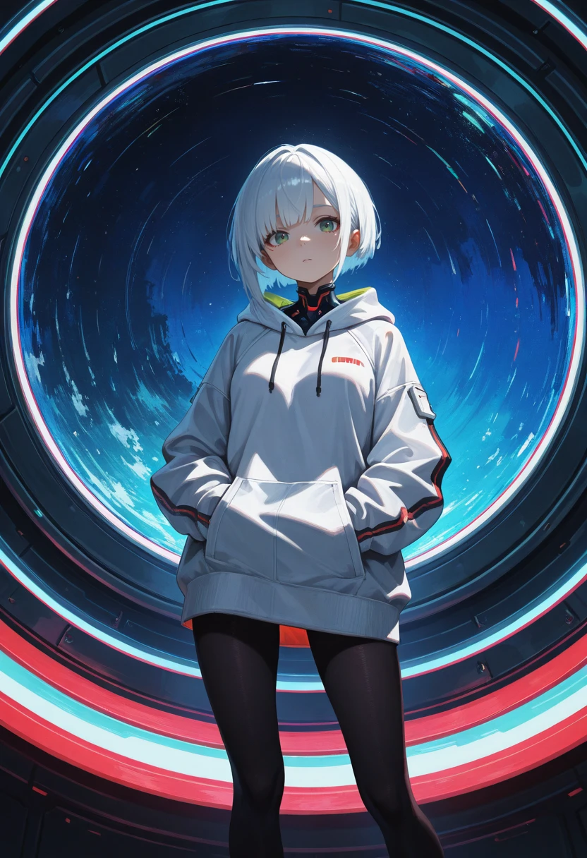 (attentive:1.2), masterpiece,best quality,amazing quality,very aesthetic,absurdres,newest,<lora:dark:0.6>, painterly, impressionism, round image, solo, cyberpunk, game character, 1gir, white short hair, green eyes, pantyhose, looking at viewer, hands hidden, hands in pockets, hands in sleeves