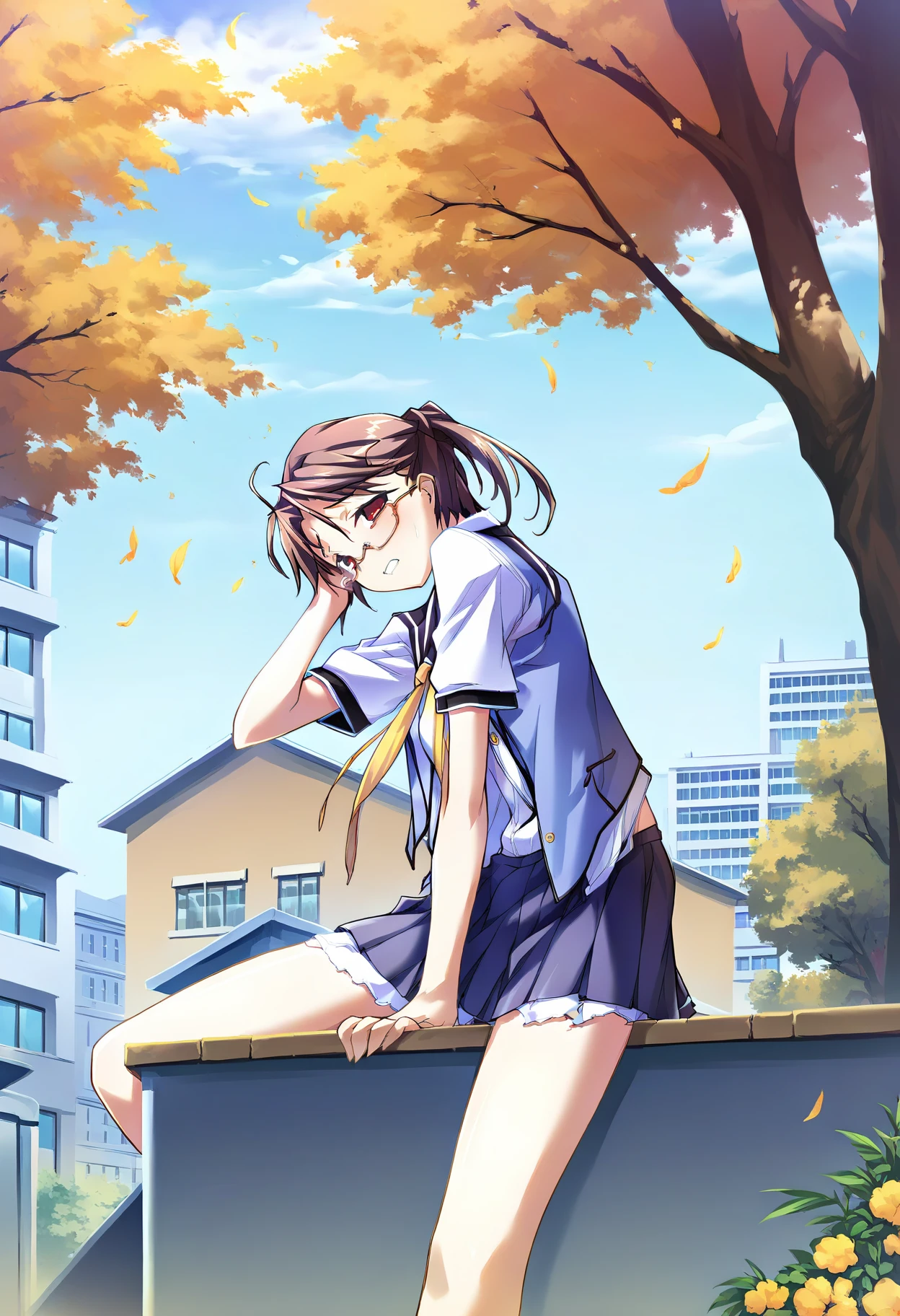 score_9, score_8_up, score_7_up, source_anime, high res image, masterpiece, best quality, 1girl, solo, , school uniform, glasses, red eyes, outdoors, <lora:kikuchi-seiji-style-pony_v1.0:1>