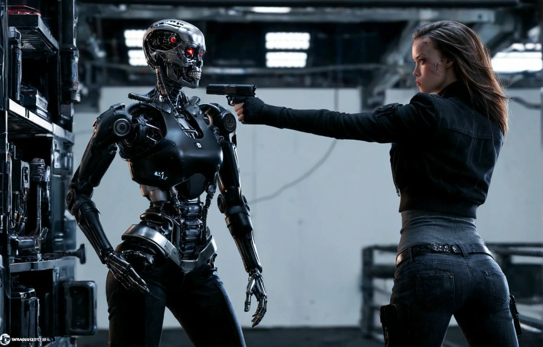 biomechanical style <lora:smgl _v1_ec:1>,smgl woman,crop jacket,shirt,belt,pants,boots,gloves,
(holding long weapon:1.2),massive weapon with stock,big gunbarrel,scope,
<lora:dmgfcend_v2_ec:0.75>,a smgl woman,damaged face,red eye,cybernetic,mechanical arm,plasma weapon,from above,factory,dynamic,motion,(t-800:1.2),fighting BREAK
two persons,woman versus (endoskeleton:1.1),fight scene,, , . blend of organic and mechanical elements, futuristic, cybernetic, detailed, intricate