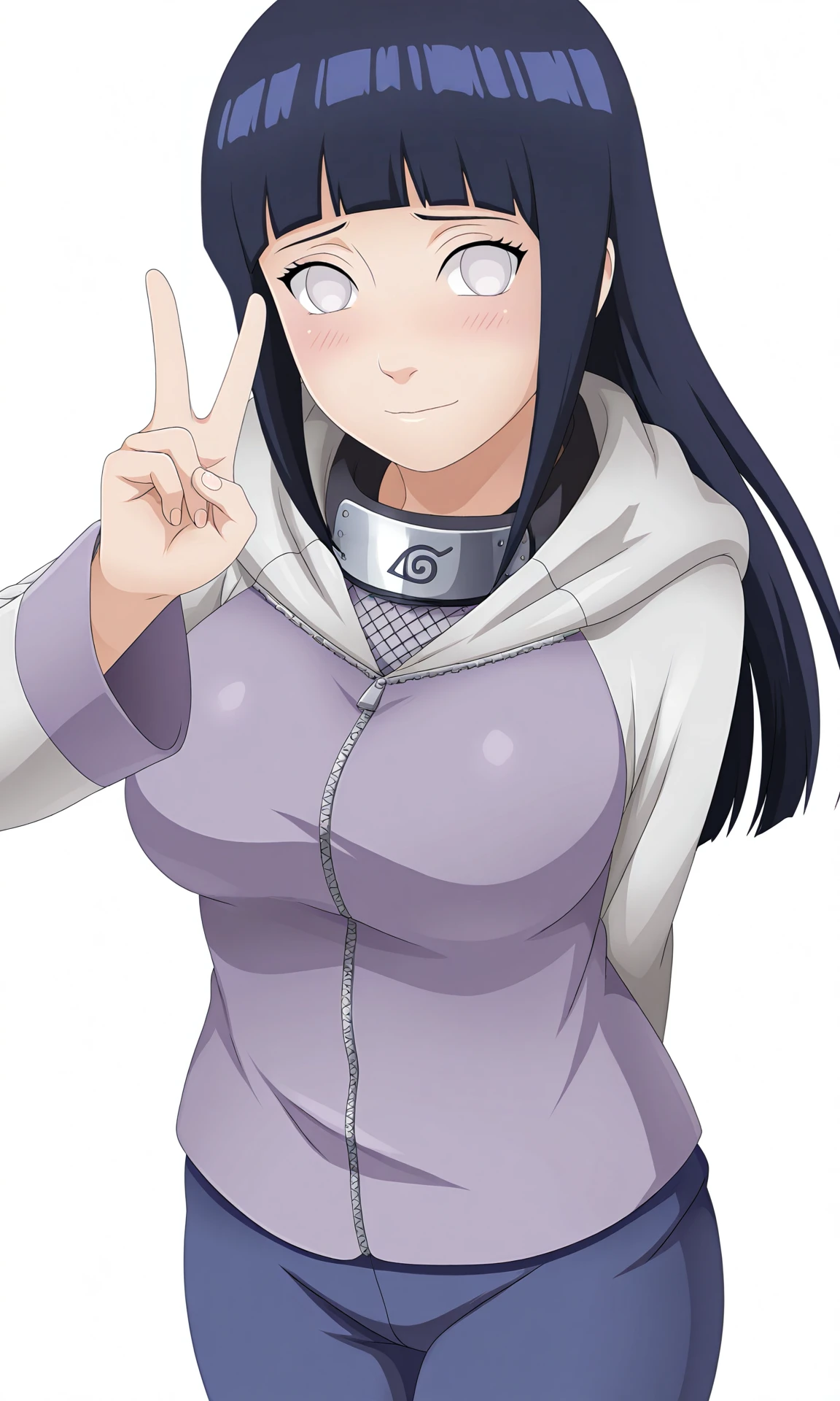 masterpiece, best quality,
game cg, game screencap,
pov, from above, v sign,, close-up, arm behind back,
hntns, 1girl, solo, white eyes, looking at viewer,
konohagakure symbol, forehead protector, long hair, blunt bangs, sidelocks, straight hair, large breasts,
hoodie, long sleeves,blue pants,
smile,shy,
simple background, white background,
<lora:Naruto_Hinata_NS_v2_NAIXL:0.9>