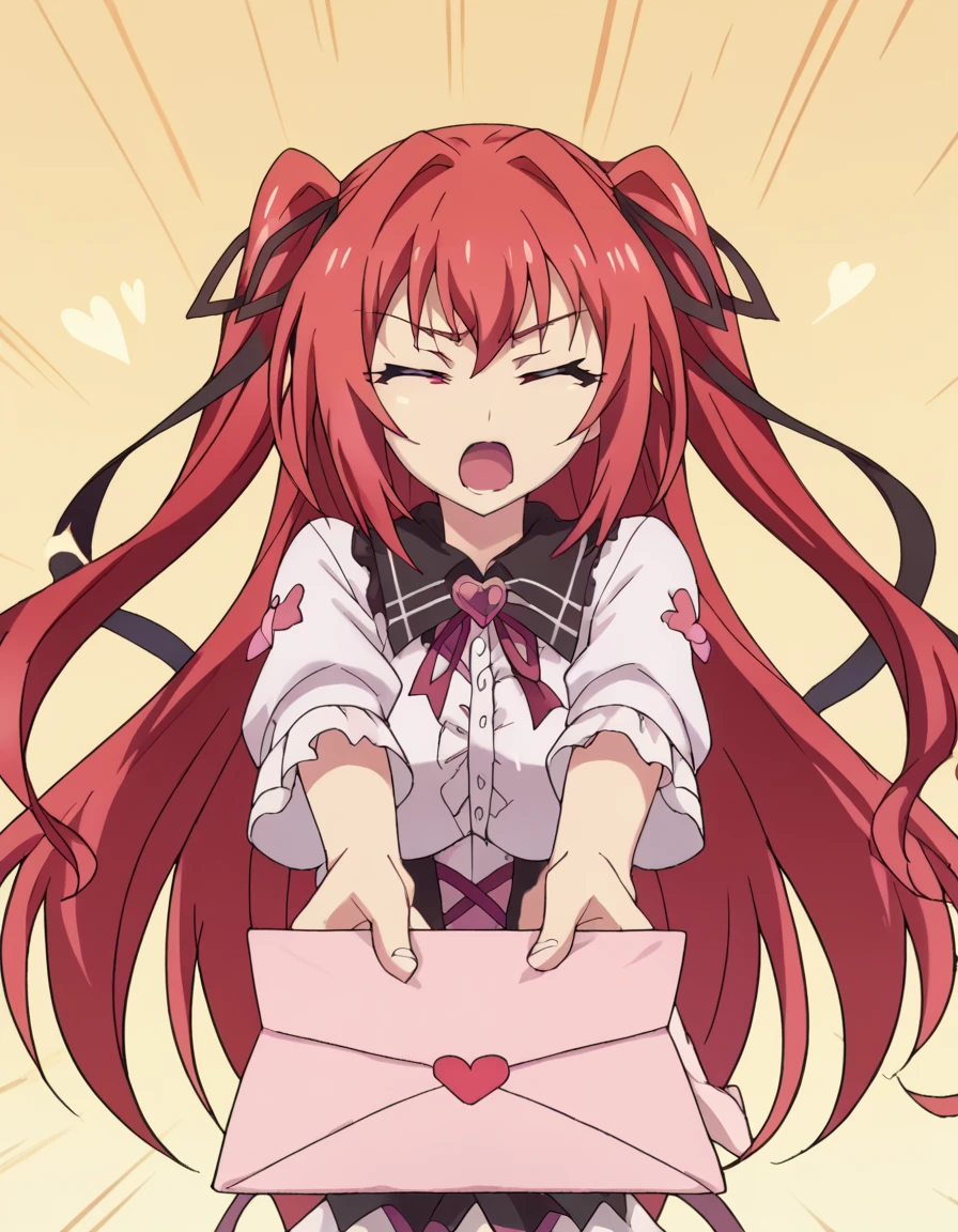 score_9, score_8_up, score_7_up, source_anime, <lora:mio-naruse-s2-ponyxl-lora-nochekaiser:1>, mio naruse, long hair, large breasts, ribbon, twintails, red eyes, hair ribbon, red hair, hair intakes, anime screencap,, <lora:love-letter-ponyxl-lora-nochekaiser:1>, love letter, heart, valentine, letter, confession, incoming gift, outstretched arms, closed eyes, shouting,, , cowboy shot, solo