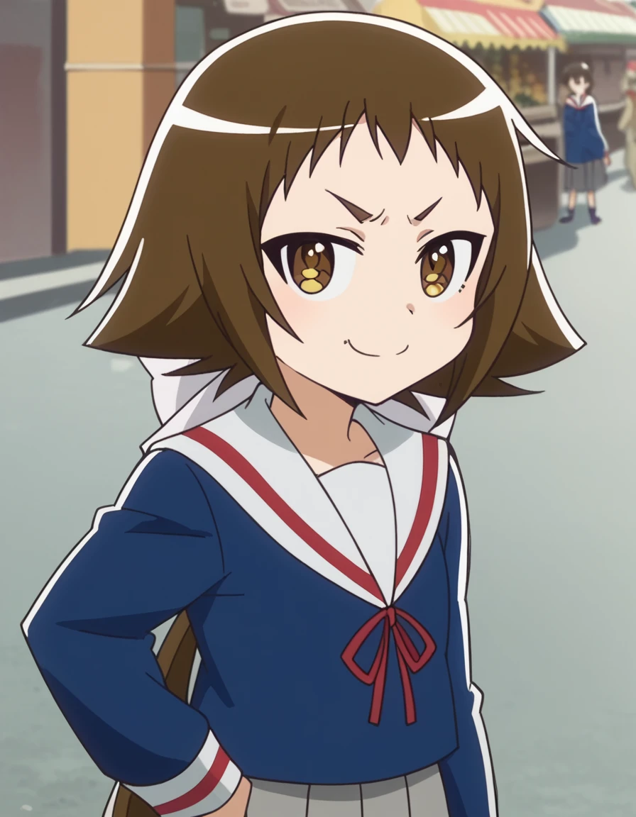 score_9, score_8_up, score_7_up, source_anime, <lora:mashiro-mitsumine-s1-ponyxl-lora-nochekaiser:1>, mashiro mitsumine, long hair, brown hair, bow, brown eyes, ponytail, hair bow, anime screencap,, skirt, school uniform, serafuku, blue shirt, white sailor collar, ribbon, grey skirt, pleated skirt,, street market, vendor, street food, bustling crowd, local flavor, vibrant, , smug, hand on own hip,, looking at viewer, solo,, cowboy shot, solo