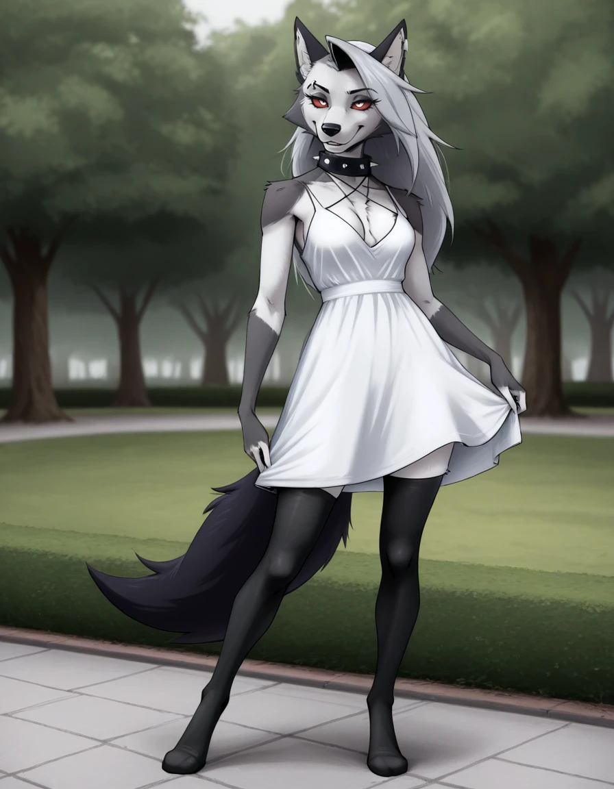 masterpiece, best quality,
outdoors,park, 
full body,seductive smile,parted lips,long eyelashes,
standing, posing, 
sundress, thighhighs,
<lora:L00na_v01_ILXL:1>,
L00na,1girl,solo,furry female,wolf girl,red eyes,colored sclera,red sclera,grey hair,long hair,bangs,wolf ears,wolf tail,body fur,grey fur,two-tone fur,white fur,spiked collar,snout,animal nose,eyebrow piercing,ear piercing,