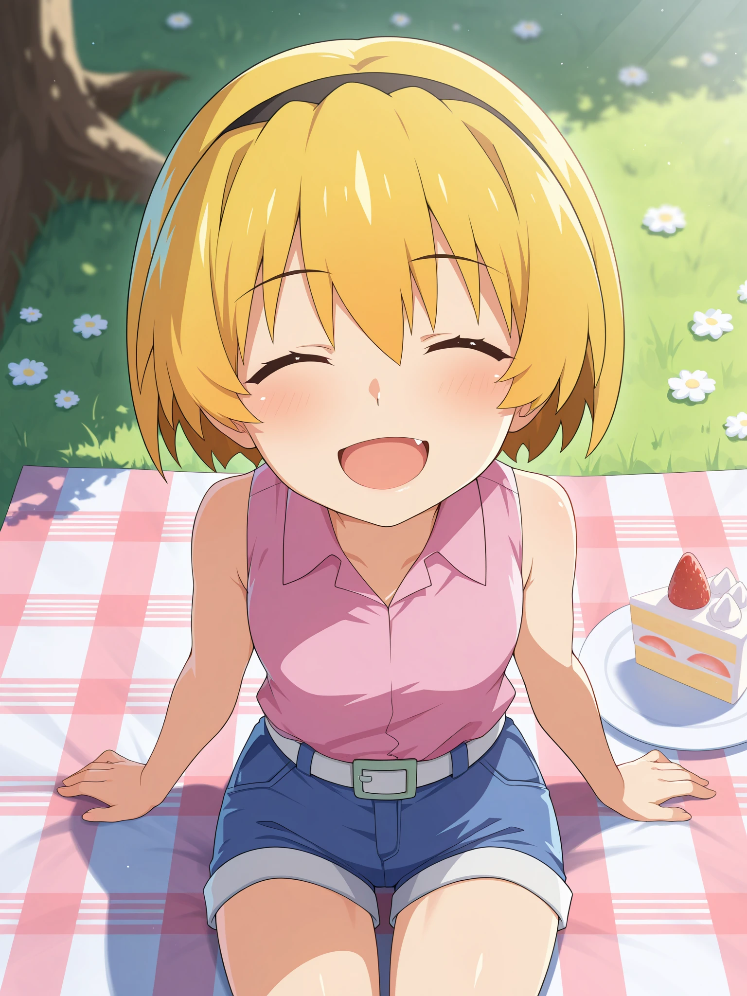 masterpiece, best quality, amazing quality, very aesthetic, absurdres,score_9, score_8_up,sharp focus , highres, , depth of field,, satokoIllustrious,satokoillustrious, 1girl, solo, picnic, cake, food, sitting, outdoors, , foreshortening , smile, short hair, bangs, blonde hair, , shirt, hair between eyes, bare shoulders, closed mouth, hairband, shorts, sleeveless, collared shirt, white belt, closed eyes, :D, short shorts, sleeveless shirt, black hairband, , blue shorts, denim shorts, pink shirt, shirt tucked in, houjou satoko, <lora:satokoIllustrious:1>