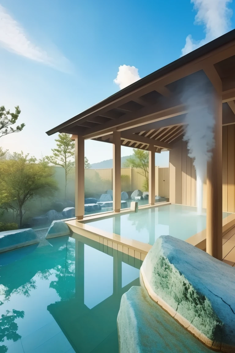 <lora:JJsOnsen:1> , ((onsen)),,ultra realistic, masterpiece, best quality,, scenery, water, tree, no humans, , east asian architecture,outdoors, day, rock, sky, nature, reflection, center composition . steam, smoke,, cloud,