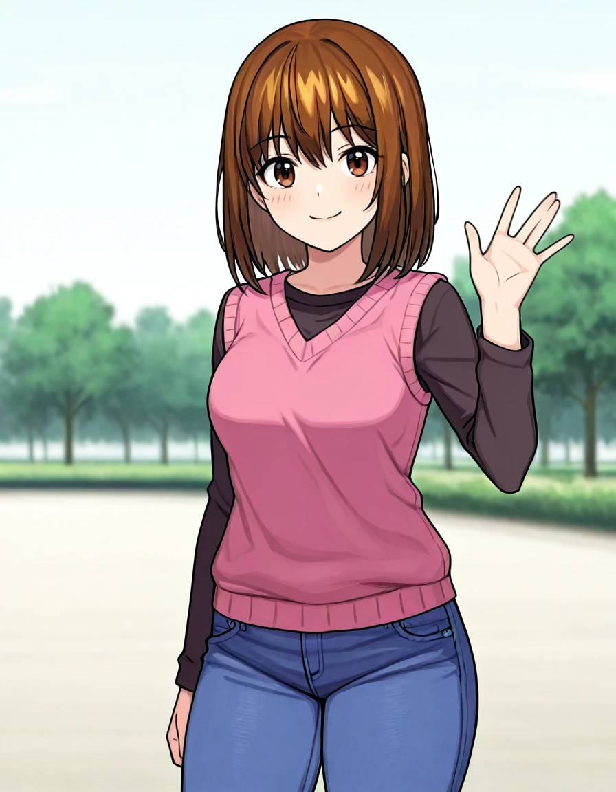 1girl, solo, nase asumi, hikaru no go, general, smile, waving, medium hair, brown hair, brown eyes, black shirt, long sleeves, sweater vest, pink vest, jeans, medium breasts, thick thighs, outdoors, masterpiece, highres, absurdres, very aesthetic, newest, best quality, good quality