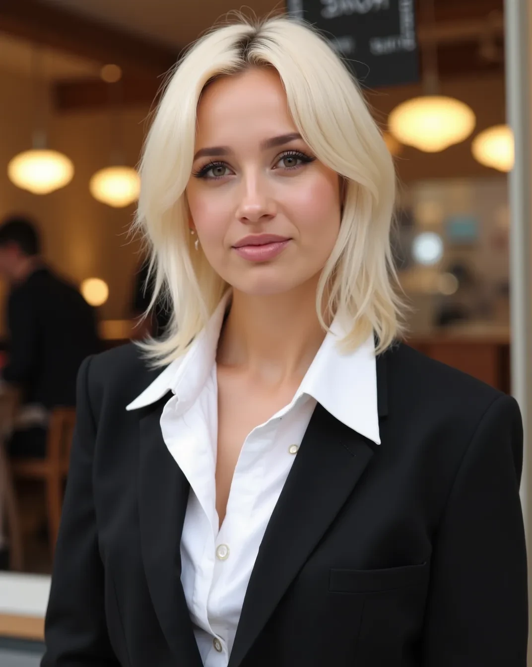 (((best qualityer))), highly detailed, high resolution. 2 female, blondie hair, clear green eyes, fleshy lips, heavy makeup in this photo, a stunning blonde woman with a shaggy hairstyle with bangs, centred in image, is captured in an outdoor Parisian cafe. Her elegant smile and delicate necklace add a touch of sophistication to the scene., while the white business suit and a cup of coffee on the table suggest a busy day ahead. The style of fashion photography, with your use of f2.5 and 100mm lens, creates an impressively detailed and creative image that is sure to inspire.