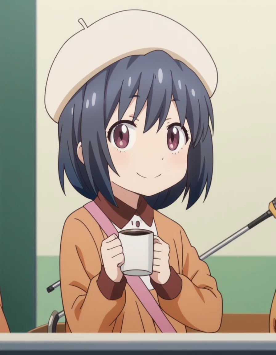 score_9, score_8_up, score_7_up, source_anime, <lora:bijutsu-moeka-s1-ponyxl-lora-nochekaiser:1>, bijutsu moeka, short hair, bangs, black hair, blue hair, purple eyes, anime screencap,, long sleeves, hat, dress, beret,, staff room, table, chairs, coffee machine, relaxation, , smile, looking at viewer, solo,, cowboy shot, solo