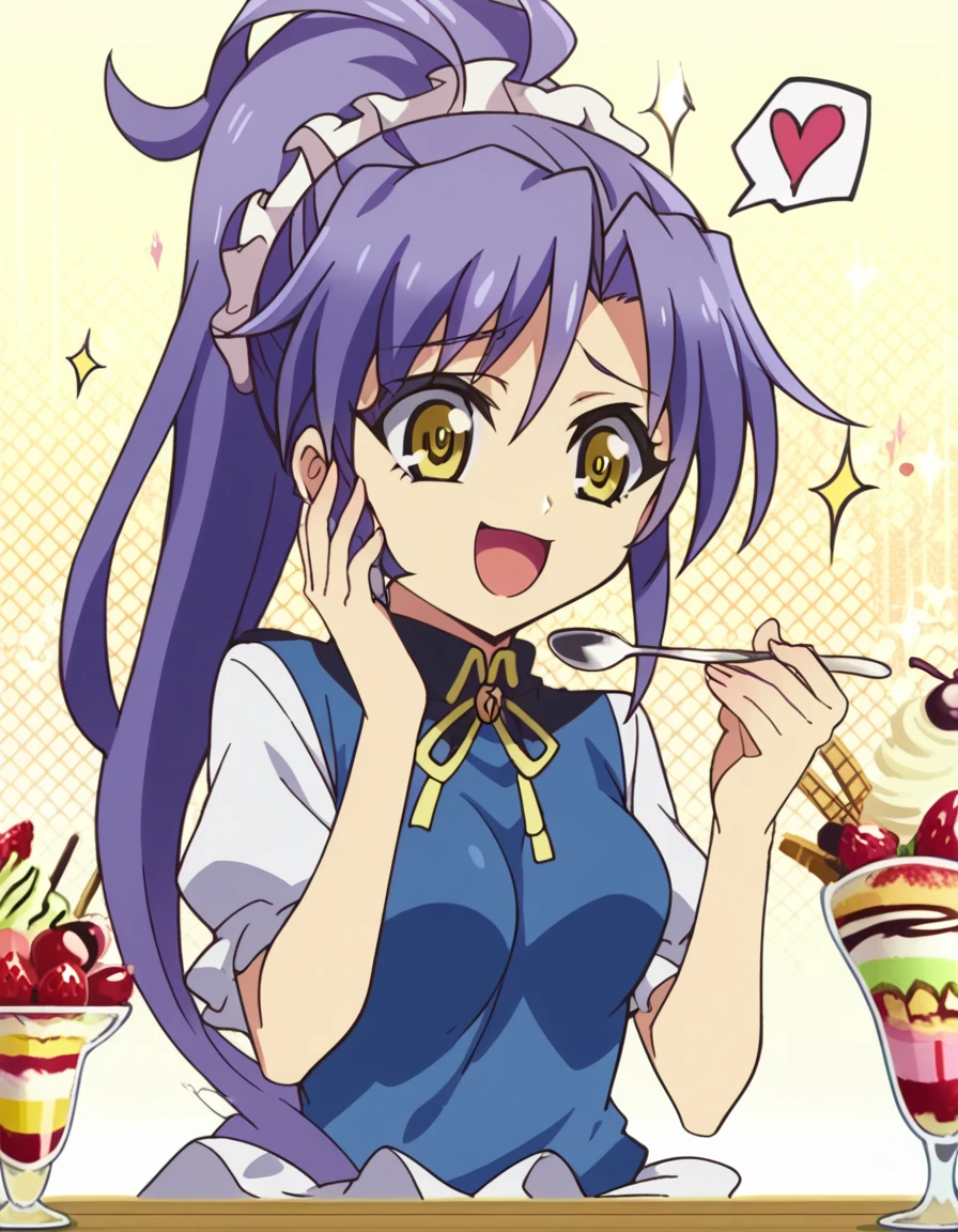 score_9, score_8_up, score_7_up, source_anime, <lora:kurumi-nonaka-s2-ponyxl-lora-nochekaiser:1>, kurumi nonaka, long hair, purple hair, yellow eyes, ponytail, scrunchie, hair scrunchie, white scrunchie, medium breasts, anime screencap,, <lora:parfait-ponyxl-lora-nochekaiser:1>, parfait, open mouth, heart, food, sparkle, fruit, happy, hand on own face, spoken heart, ice cream, strawberry, spoon, hand on own cheek, cherry, holding spoon,, , cowboy shot, solo