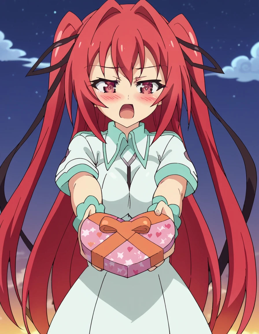 score_9, score_8_up, score_7_up, source_anime, <lora:mio-naruse-s2-ponyxl-lora-nochekaiser:1>, mio naruse, long hair, large breasts, ribbon, twintails, red eyes, hair ribbon, red hair, hair intakes, anime screencap,, <lora:heart-shaped-box-ponyxl-lora-nochekaiser:1>, heart-shaped box, holding, box, gift, valentine, incoming gift, closed eyes, blush, open mouth, outstretched arms, outdoors, night sky, clouds, shouting,, , cowboy shot, solo