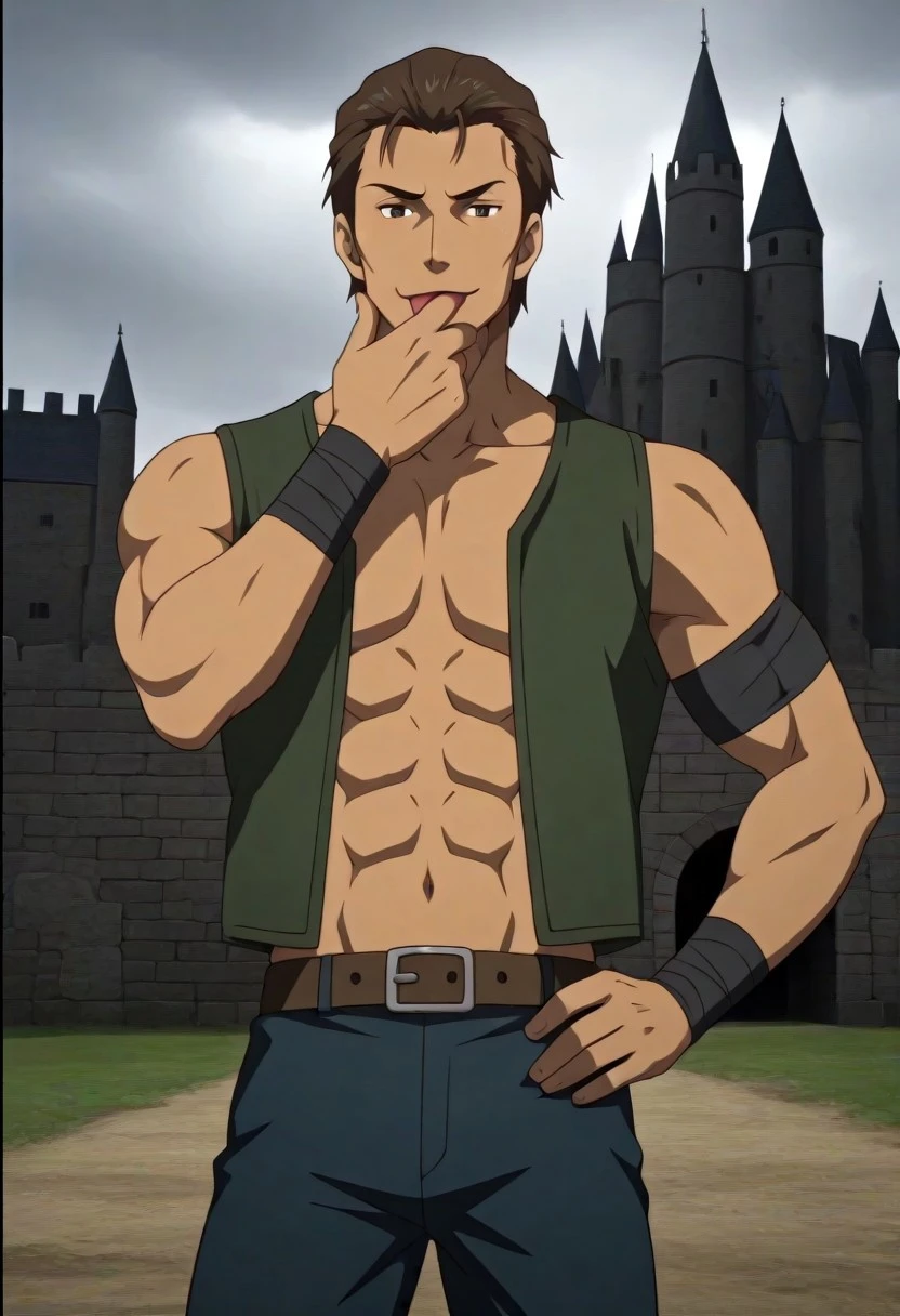 ((masterpiece)), ((best quality)), ((ultra-detailed)), ((absurdres)), score_9_up, score_8_up, score_7_up,
HD, top quality, best quality, amazing quality, High-quality illustrations, anime screencap, source_anime, best aesthetic, perfect proportions, perfect eyes, 1boy, 1male, solo boy, solo male, male focus, solo male focus, Anime, boy, male anime character, anime boy, handsome, sexy, cute, charming, ((tall body, tall height)), ((lean body, toned body, hunk, slim waist)), Hicks, brown hair, slicked back hair, dark brown eyes, brown skin, cheekbones, sleeveless green vest, open vest, wristbands, armband, belt, blue pants, brown boots, ((cowboy shot, head to hips shot)), ((licking fingers)), ((medieval period, castle, dark gray skies))
