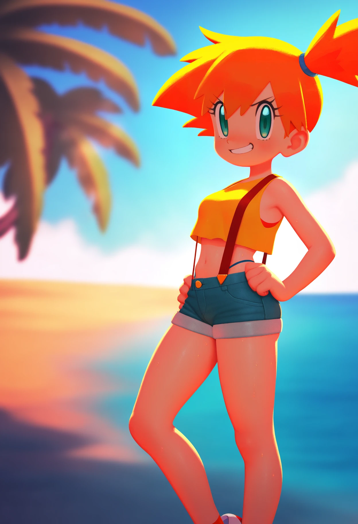 best quality, amazing quality, very aesthetic, absurdres, kunitarou-art,
BREAK
1girl, misty \(pokemon\), orange hair, ponytail, yellow crop top, short shorts, thong, suspenders, looking at viewer, smirk, standing BREAK
sand, sea, blue sky, tropical island background, <lora:KunitaroNoobLocon_byKonan:1>