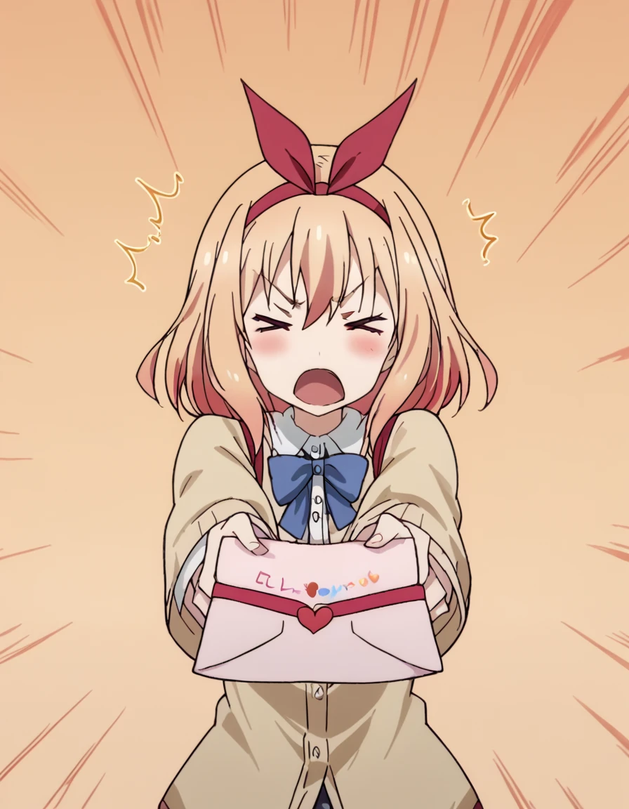 score_9, score_8_up, score_7_up, source_anime, <lora:kaori-ayase-s1-ponyxl-lora-nochekaiser:1>, kaori ayase, short hair, blonde hair, hair ribbon, hairband, red eyes, medium breasts, anime screencap,, <lora:love-letter-ponyxl-lora-nochekaiser:1>, love letter, heart, valentine, letter, confession, incoming gift, outstretched arms, closed eyes, shouting,, , cowboy shot, solo