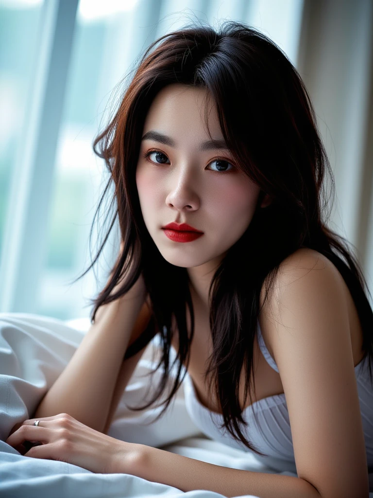 (text "Buzz Me Please" in sky:1.2),There are wonderful studio lights and various reflections,
18yo girl her face is very delicate,skin naturally showing the texture of blood vessels and detailed pale skin,
<lora:flux_realism_lora>,
<lora:zhuangdf_f1_epoch_11:1>,chinese actress,
A captivating realistic photoshoot featuring a mesmerizing woman with wavy dark red hair,exuding irresistible seduction and charm. Her subtle makeup,including red lips,accentuates her alluring pose as she lays seductively on a bed. highlighting her curves and drawing the viewer in. The background is a dreamy,soft blue hue,creating an enchanting atmosphere. This stunning scene,filled with enchanting beauty and timeless charm,is a perfect fusion of portrait photography and fashion,