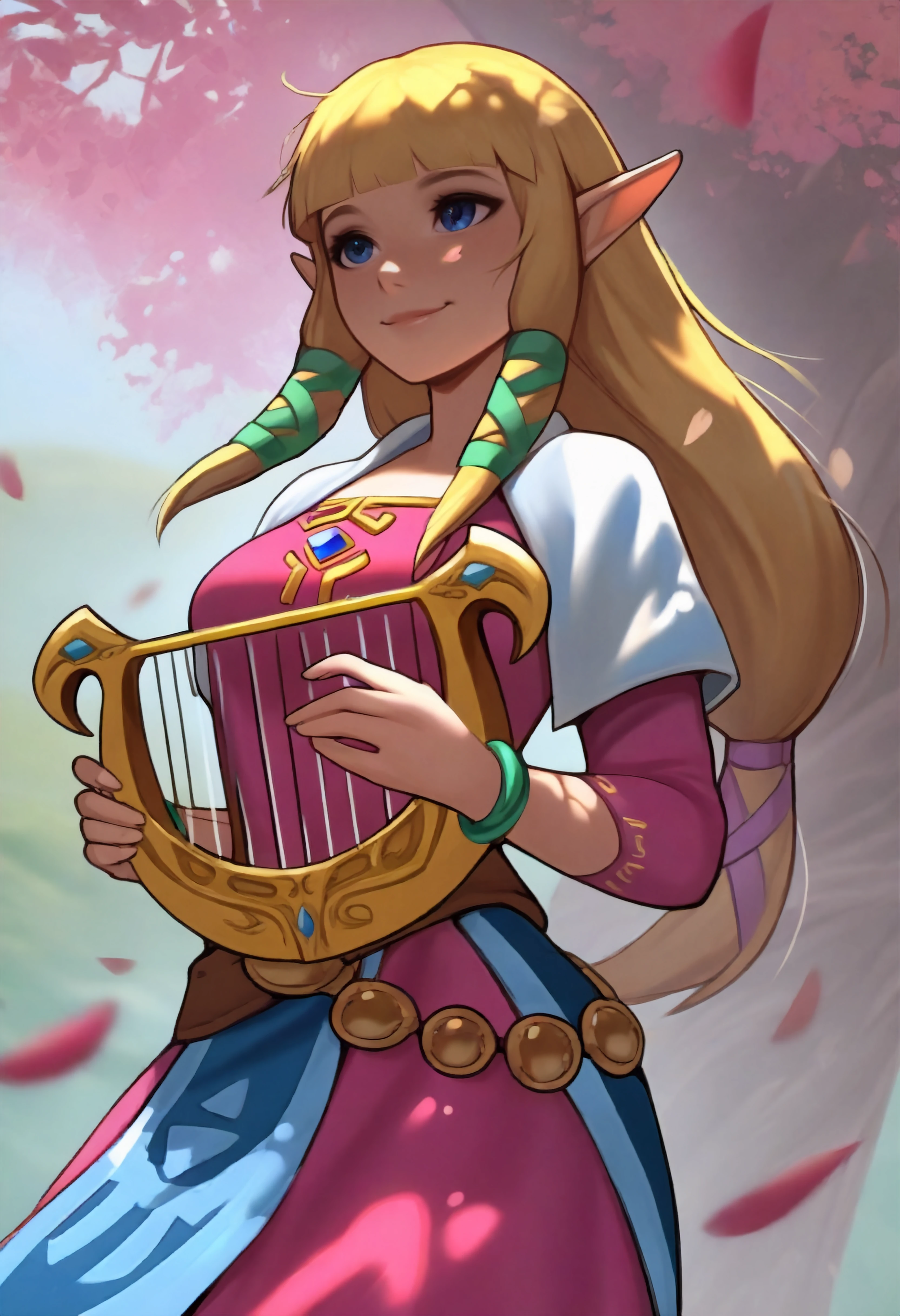 masterpiece, best quality, absurdres, outdoors,wind,dappled sunlight,1girl,zeldssn11, blonde hair, hair tubes, hair ribbon, low-tied long hair, blunt bangs, blue eyes, pointy ears, brown belt, pink dress, green bracelets, white capelet, blue waist cape, medallions,smile,petals,holding lyre <lora:hmeh_n11:1> <lora:zeldss_n11:0.8>