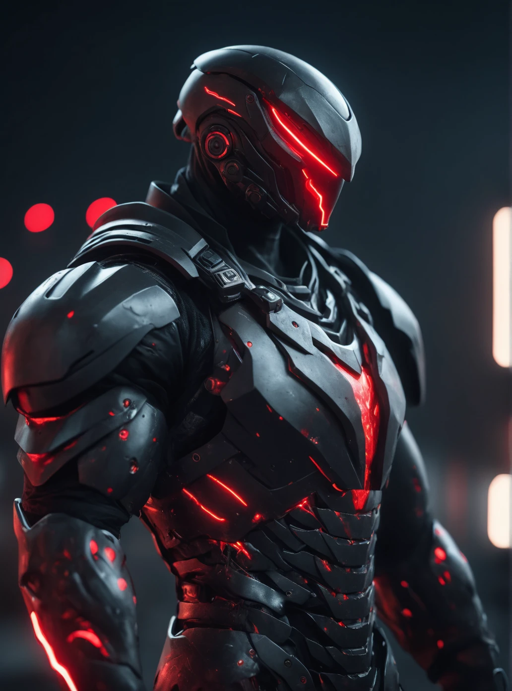 cinematic photo a man in a suit with red lights, trending on unreal engine, clothed in cyber armour, black armor, lightning background, by Ben Enwonwu, ultra view, crow in cyber armour, muscular male hero, opaque visor, grey metal body . 35mm photograph, film, bokeh, professional, 4k, highly detailed