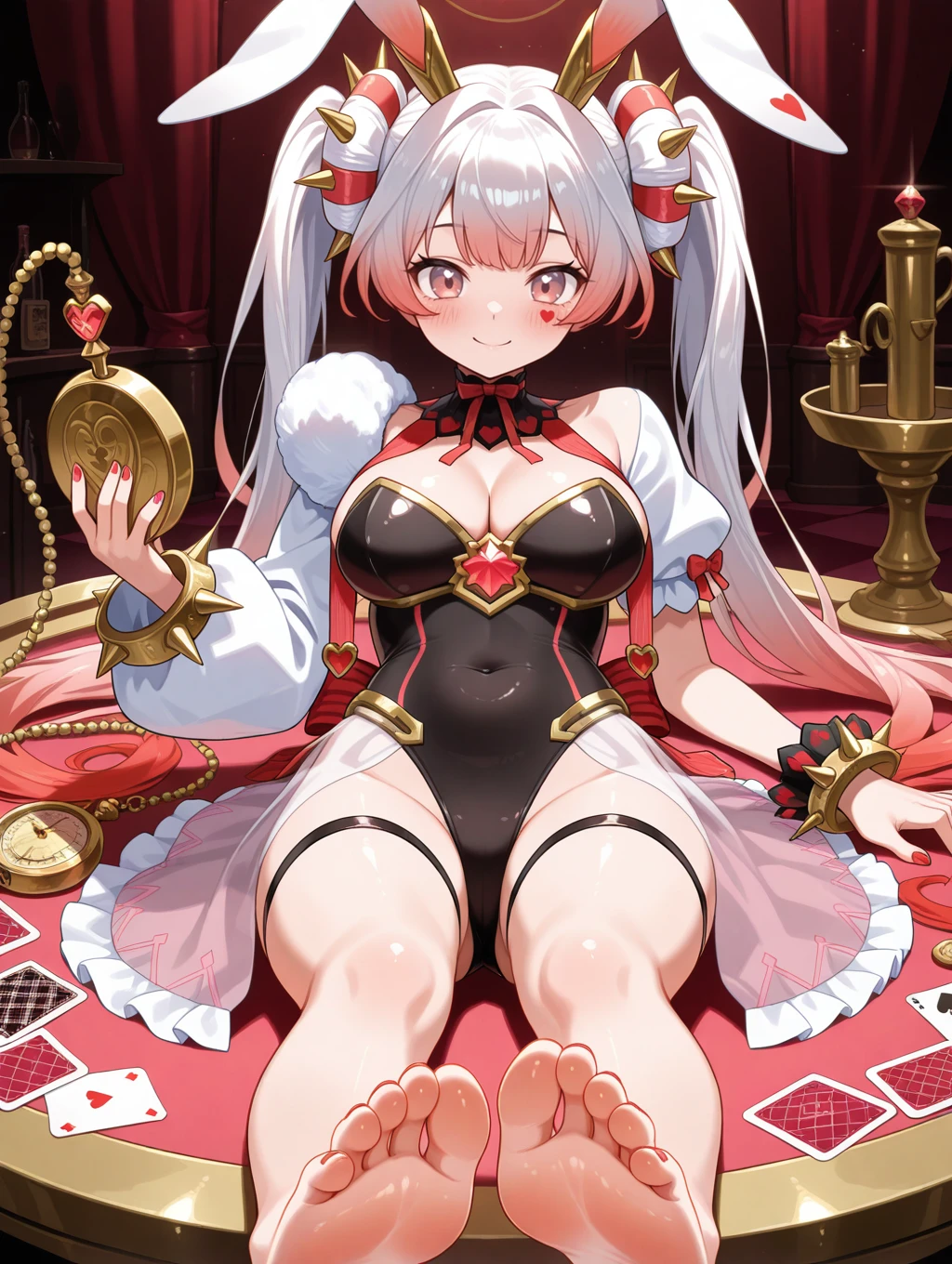 1girl,solo,playing card,cleavage,holding pocket watch,smile,red nails,club,medium breasts,covered navel,blush,closed mouth,large breasts,pocket watch,malice pawn white rabbit,spiked bracelet,twintails,black leotard,white puffy sleeves,see-through skirt,red heart facial mark,rabbit girl,sitting,on back,barefoot,foot focus,
masterpiece,best quality,amazing quality,very aesthetic,absurdres,newest,<lora:MALICE Pawn White Rabbit illuXL v1:0.72>,