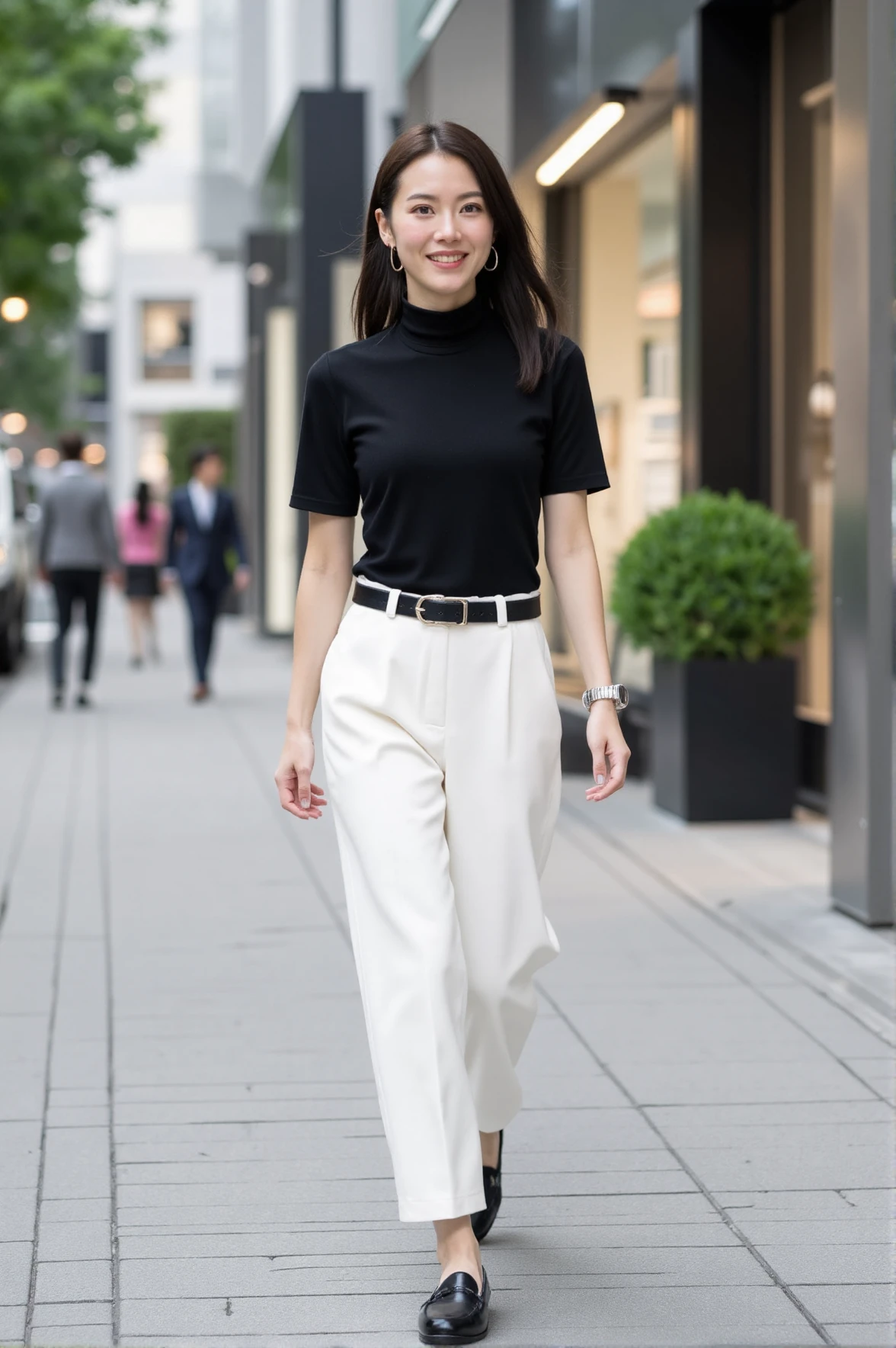 Strolling down the upscale Omotesando avenue, a waifu embodies minimalist elegance in a monochrome ensemble of a black turtleneck tucked into white wide-leg trousers, cinched with a sleek belt. She accessorizes with a simple wristwatch and black loafers. The modern, tree-lined boulevard with its high-end boutiques serves as a sophisticated backdrop. The image is shot with a high-resolution camera, capturing the fine details of her outfit and the surrounding architecture, with a balanced exposure that highlights the crispness of the scene.
<lora:anime-waifu-flux:1>